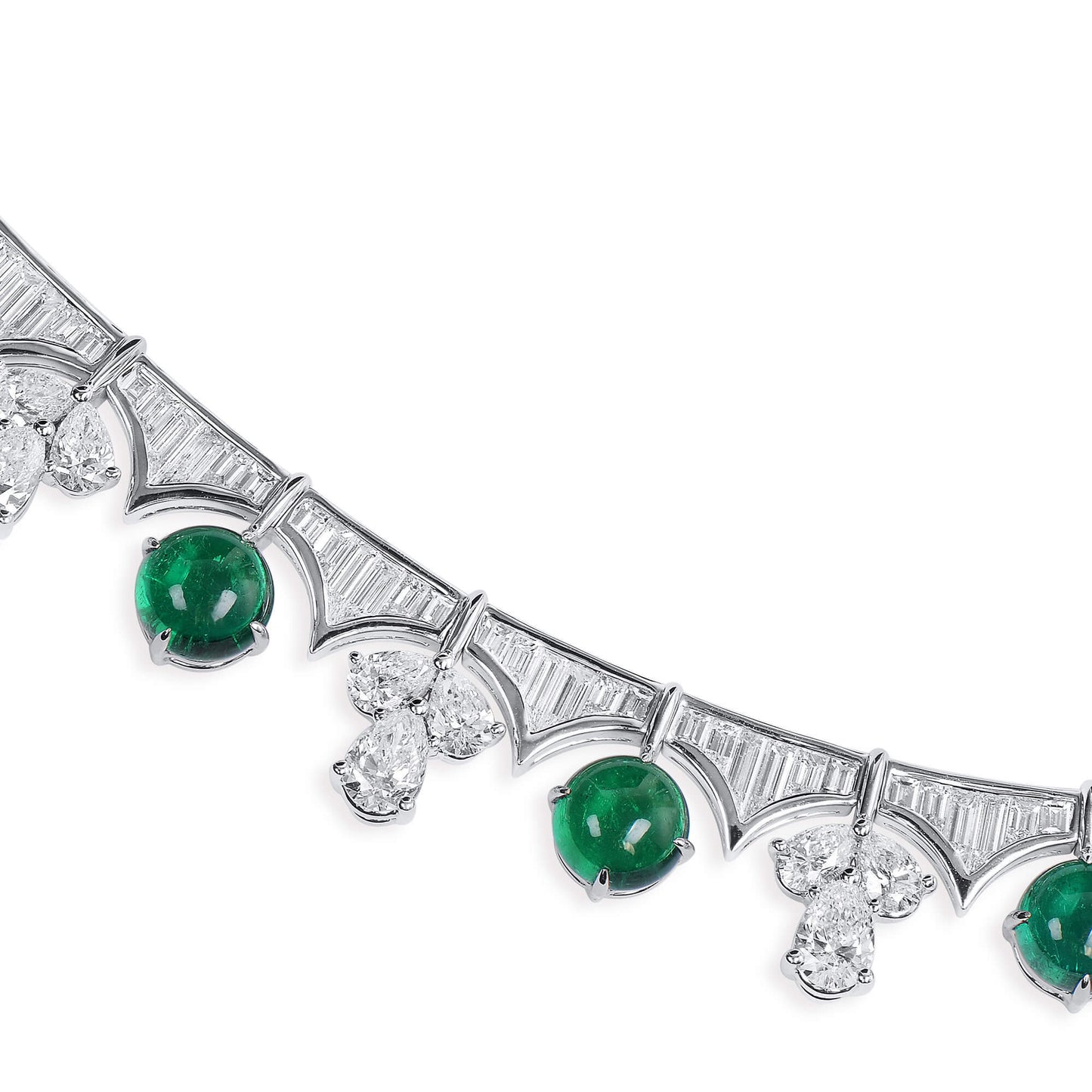 Natural Diamond & Green Colombian Emerald Chain Necklace, 18K White Gold, Round Shape, 37.43 Ct. TW