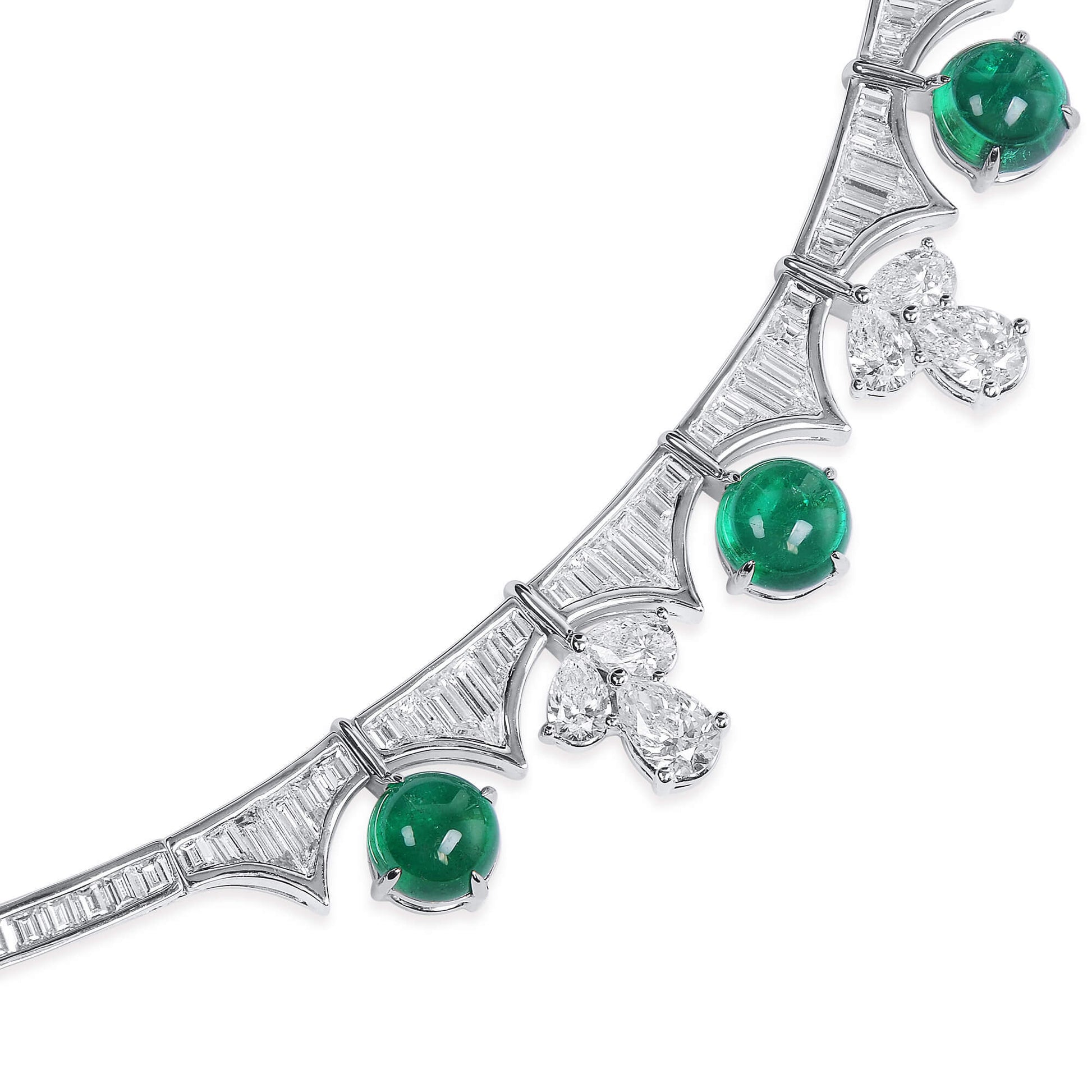 Natural Diamond & Green Colombian Emerald Chain Necklace, 18K White Gold, Round Shape, 37.43 Ct. TW