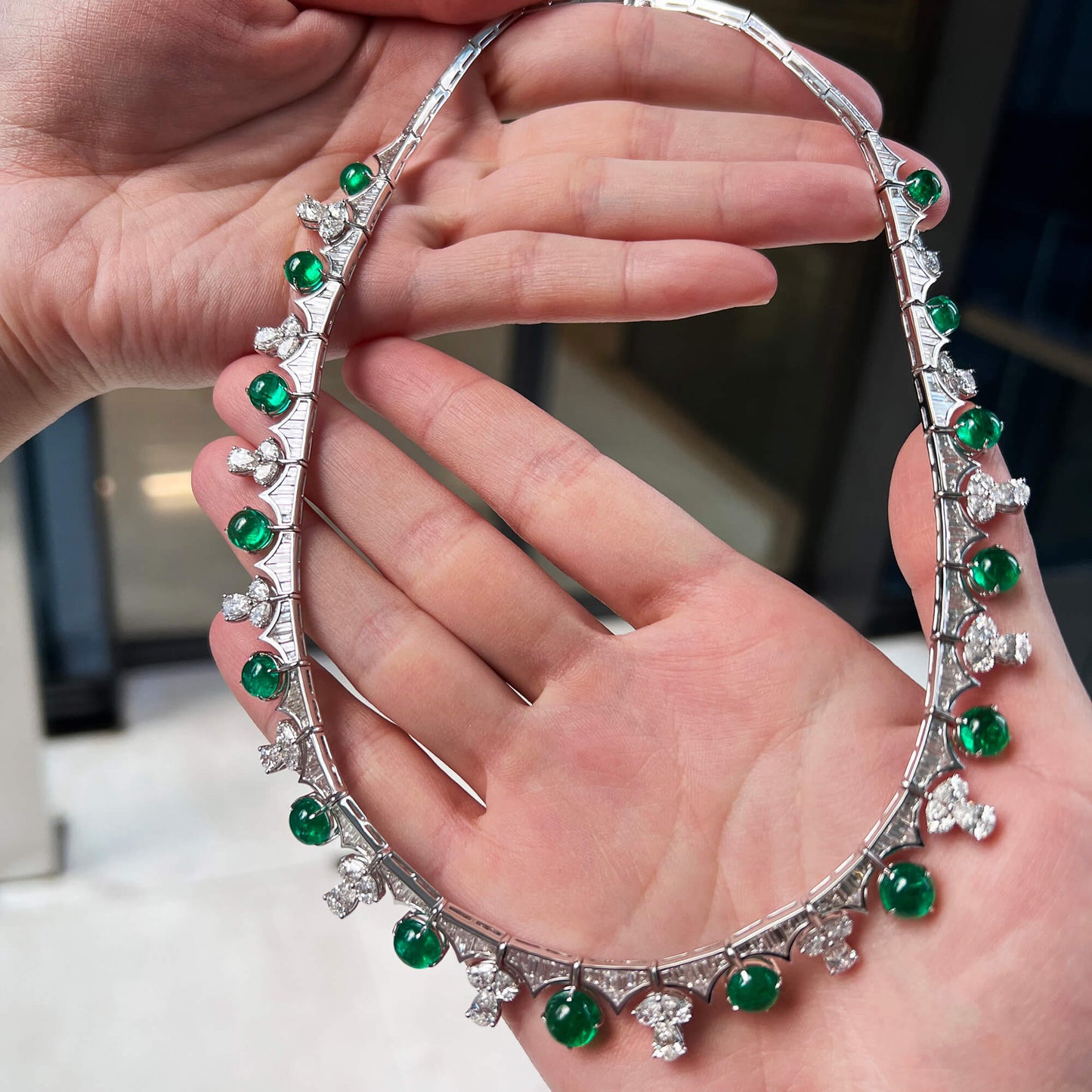 Natural Diamond & Green Colombian Emerald Chain Necklace, 18K White Gold, Round Shape, 37.43 Ct. TW