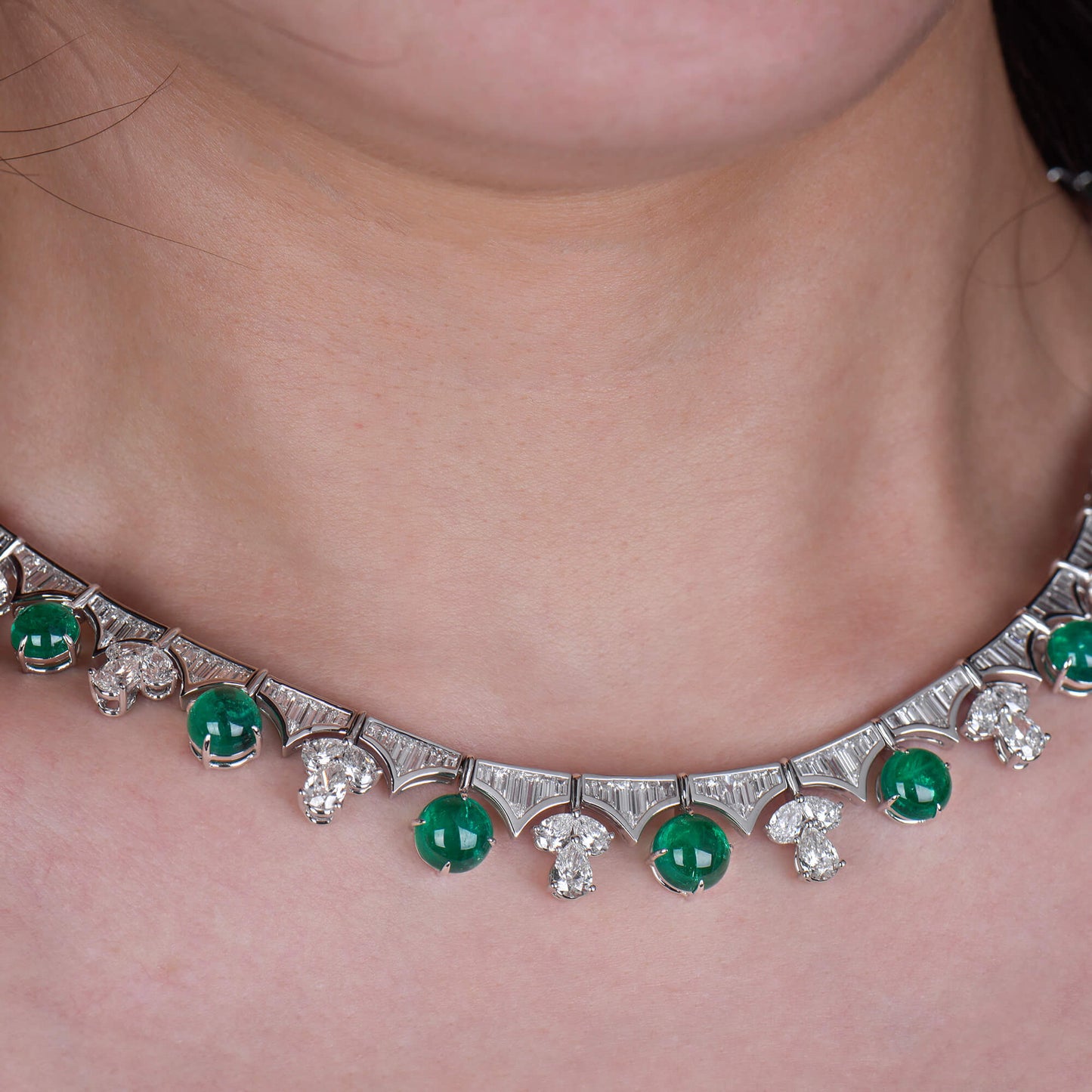 Natural Diamond & Green Colombian Emerald Chain Necklace, 18K White Gold, Round Shape, 37.43 Ct. TW