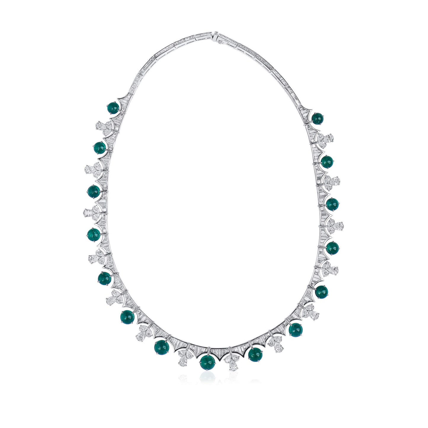 Natural Diamond & Green Colombian Emerald Chain Necklace, 18K White Gold, Round Shape, 37.43 Ct. TW