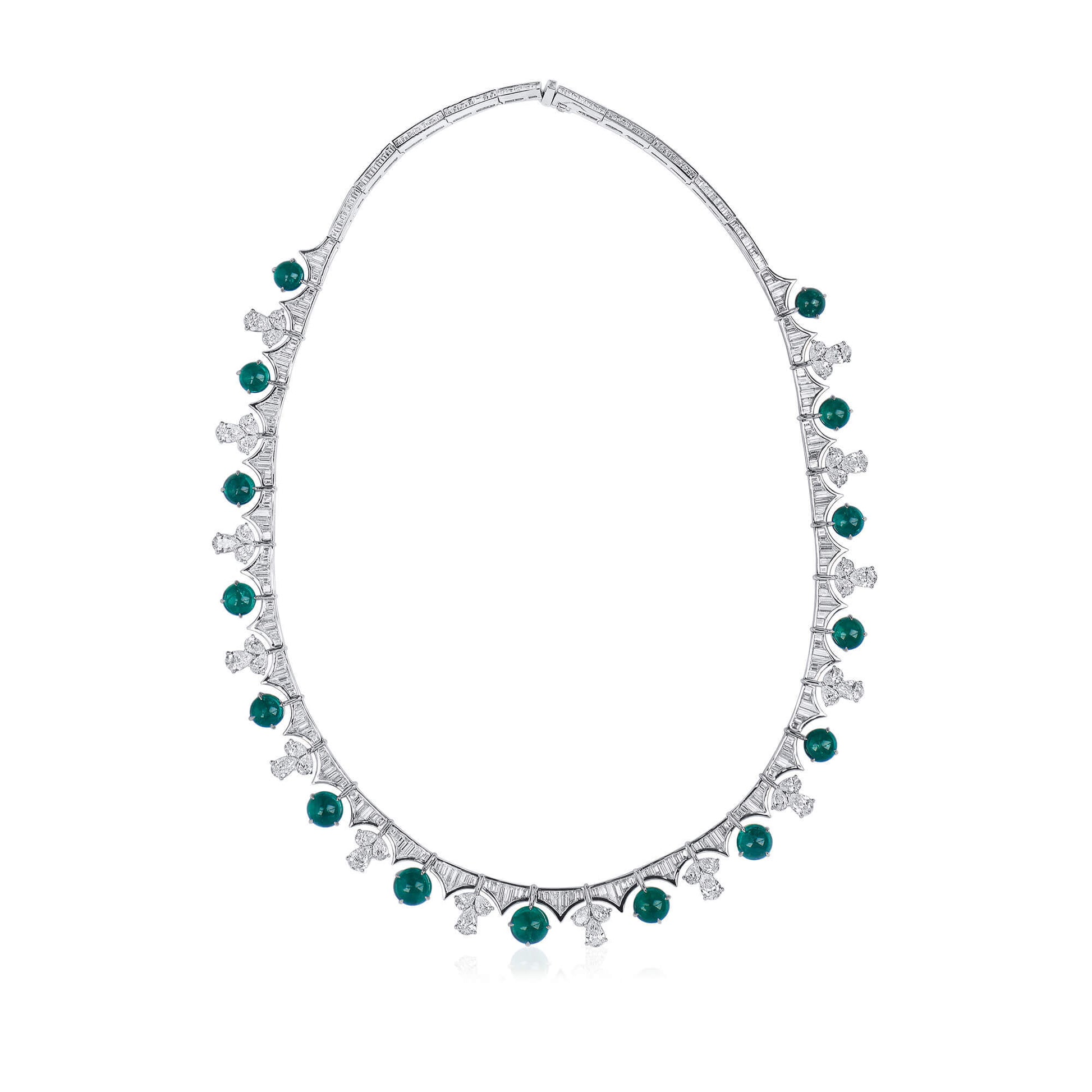 Natural Diamond & Green Colombian Emerald Chain Necklace, 18K White Gold, Round Shape, 37.43 Ct. TW