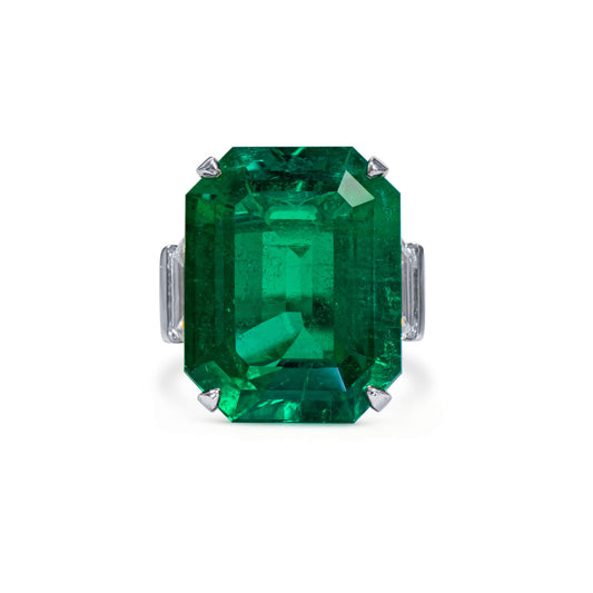 Natural Green Colombian Emerald Ring, 26.46 Ct. TW, Radiant shape, GUBELIN Certified