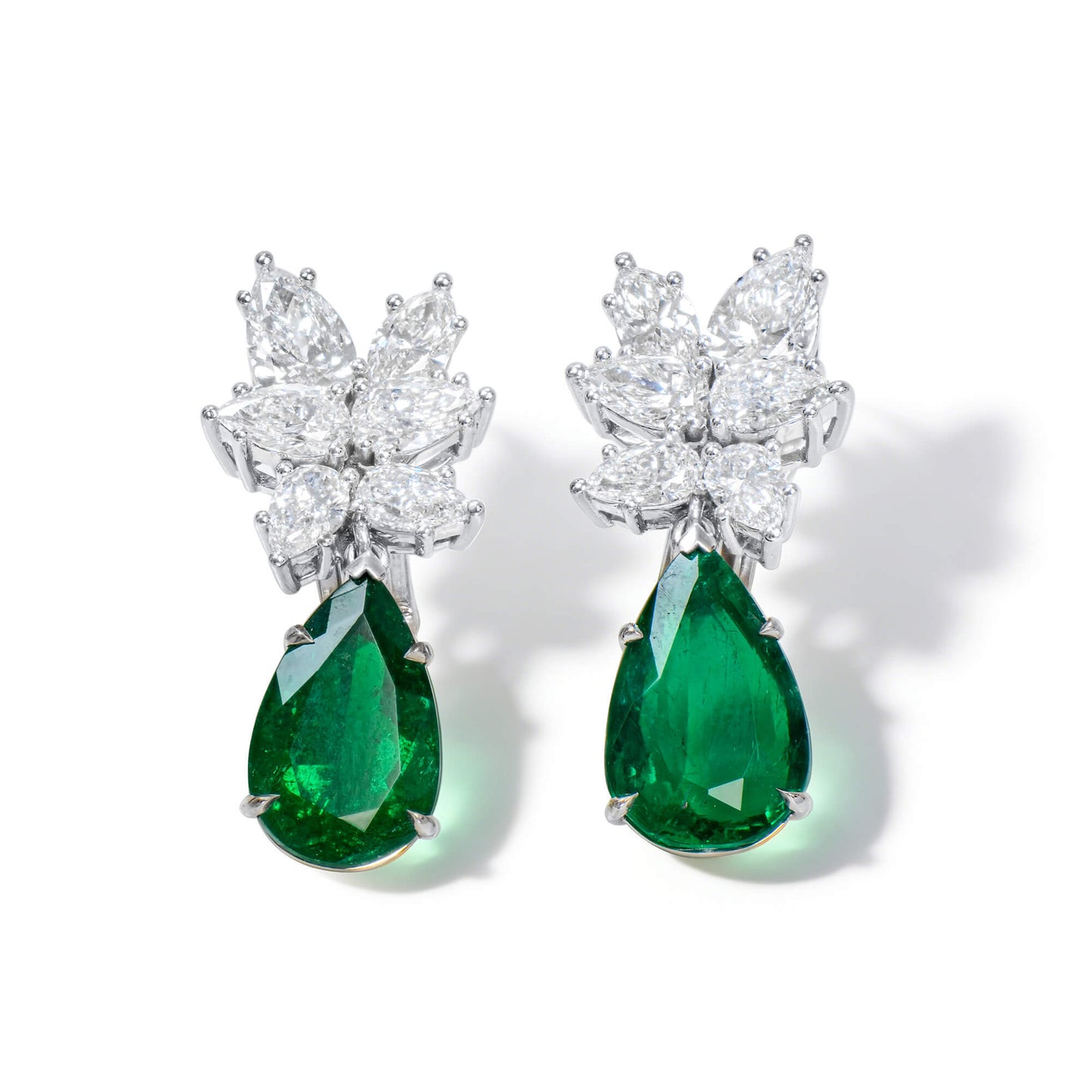 Natural 6.52 Ct. Pear-Cut Colombian Emerald & Diamond Drop Earrings, 18K White Gold