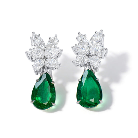 Natural 6.52 Ct. Pear-Cut Colombian Emerald & Diamond Drop Earrings, 18K White Gold