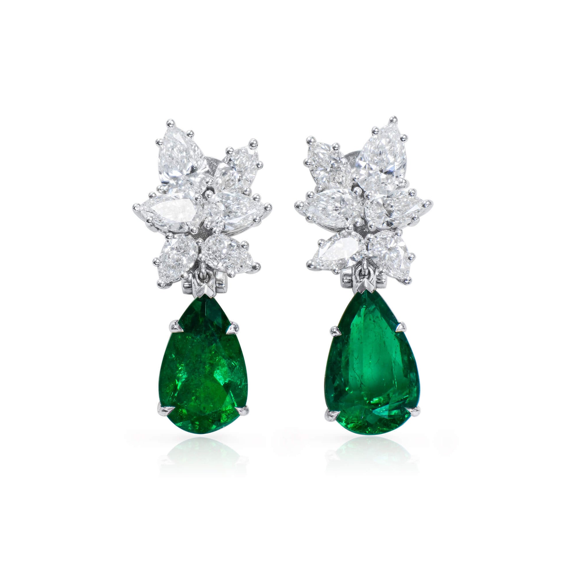 Natural 6.52 Ct. Pear-Cut Colombian Emerald & Diamond Drop Earrings, 18K White Gold