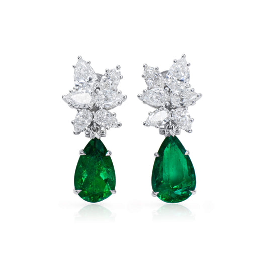 Natural 6.52 Ct. Pear-Cut Colombian Emerald & Diamond Drop Earrings, 18K White Gold