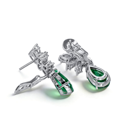 Natural 6.52 Ct. Pear-Cut Colombian Emerald & Diamond Drop Earrings, 18K White Gold