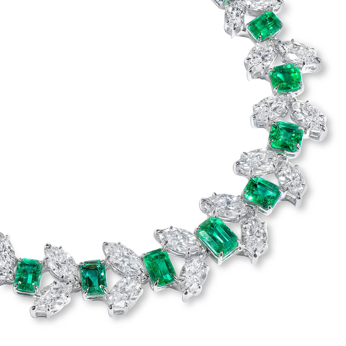 Natural Green Colombian Emerald Necklace, 18K White Gold, Octagonal Shape, 46.72 Ct. TW