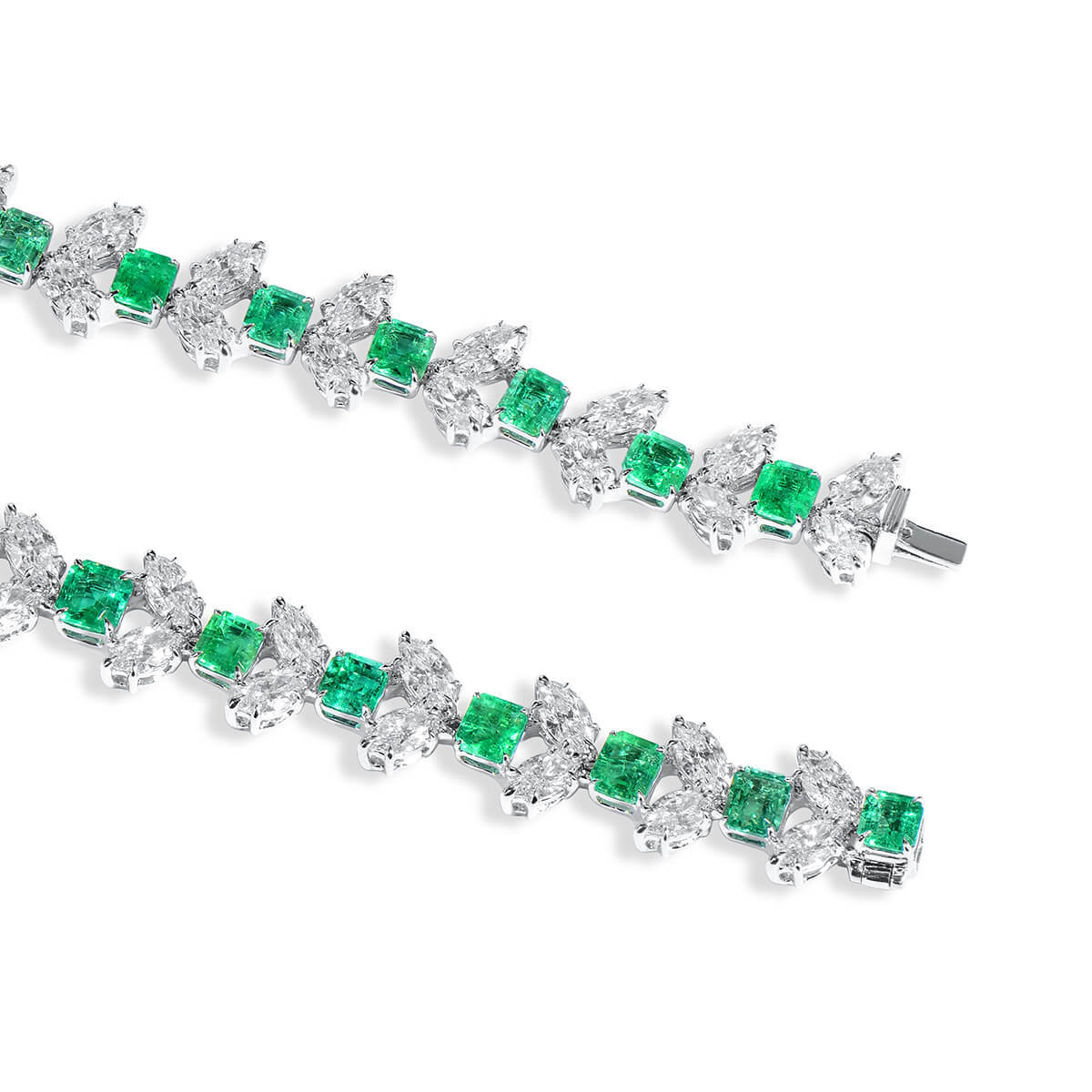 Natural Green Colombian Emerald Necklace, 18K White Gold, Octagonal Shape, 46.72 Ct. TW