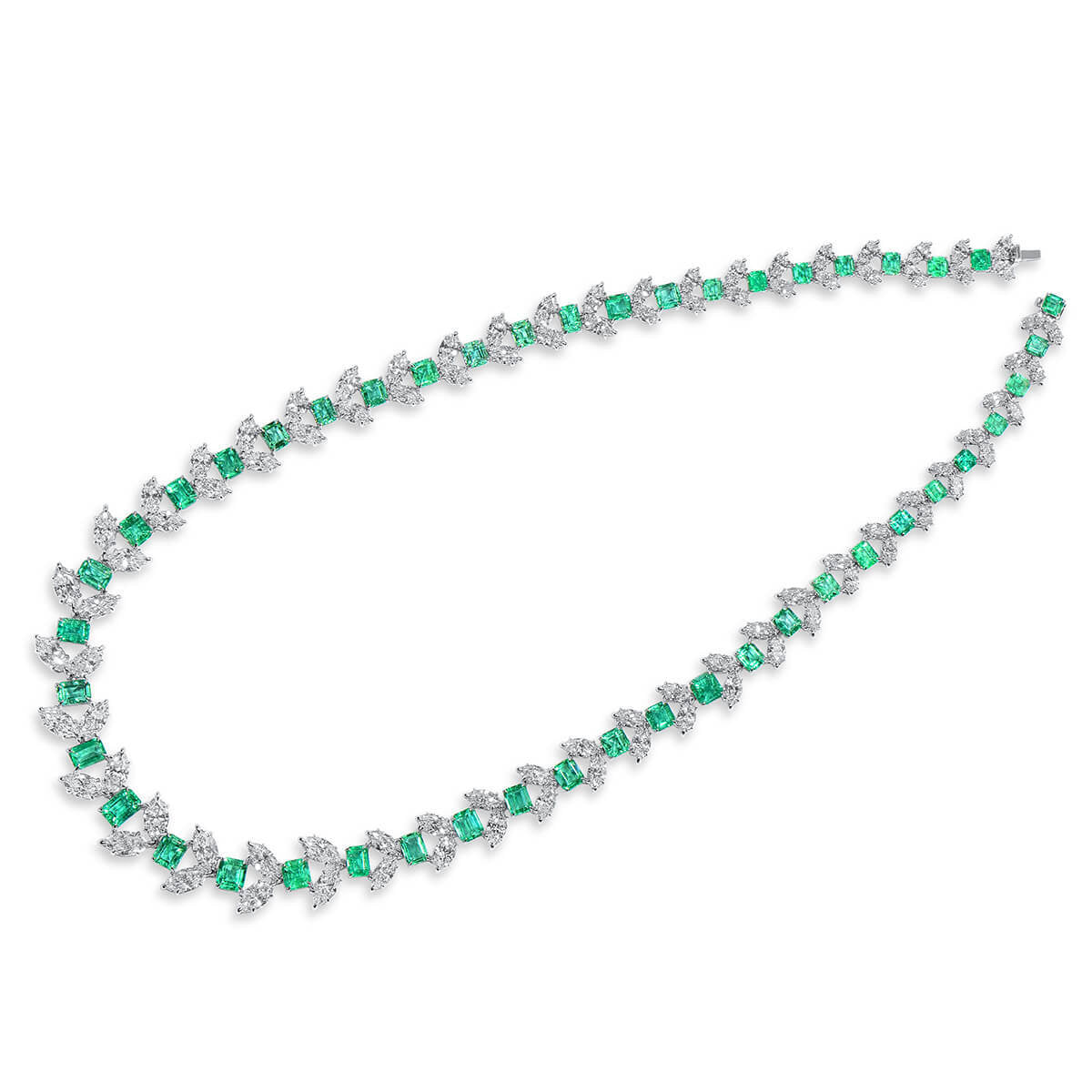 Natural Green Colombian Emerald Necklace, 18K White Gold, Octagonal Shape, 46.72 Ct. TW