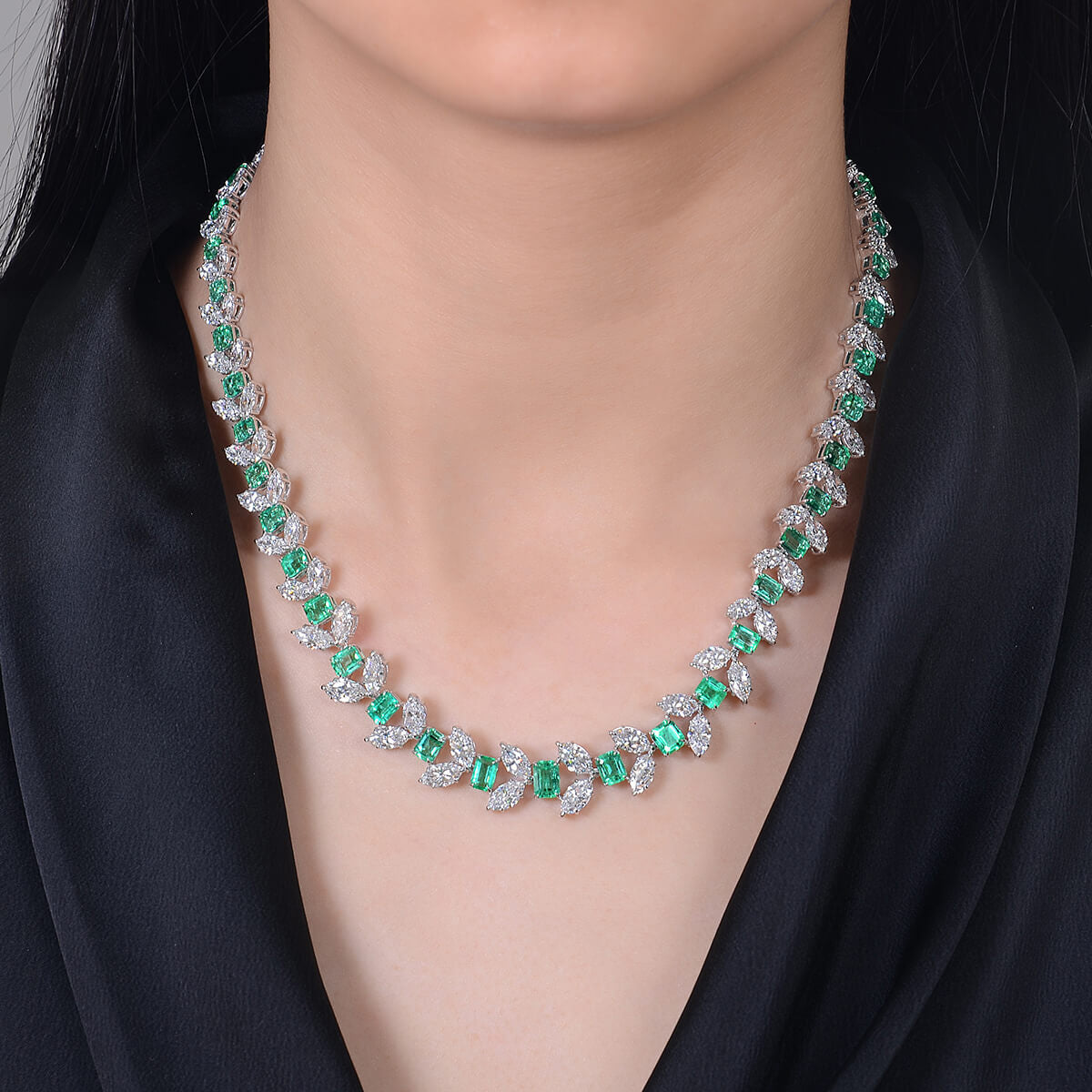 Natural Green Colombian Emerald Necklace, 18K White Gold, Octagonal Shape, 46.72 Ct. TW