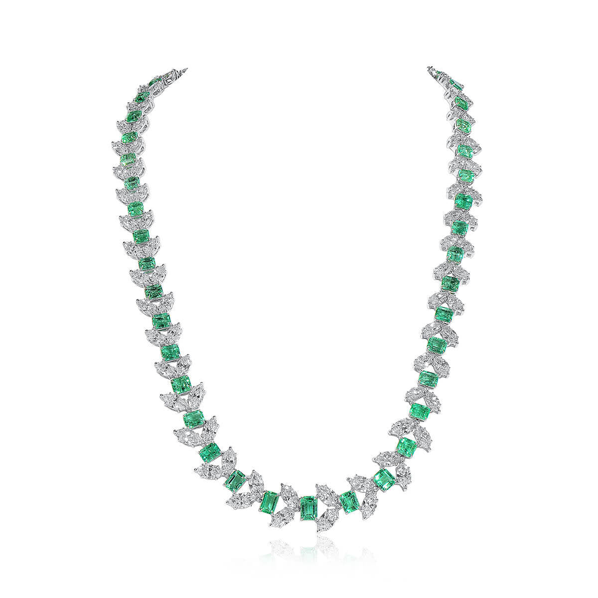 Natural Green Colombian Emerald Necklace, 18K White Gold, Octagonal Shape, 46.72 Ct. TW
