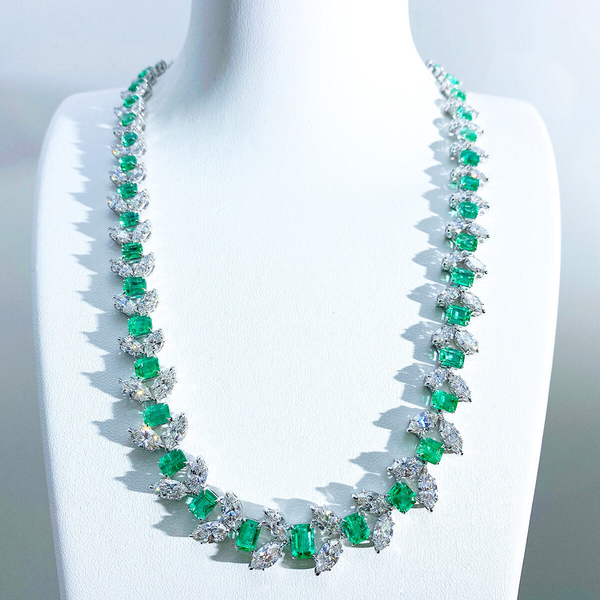 Natural Green Colombian Emerald Necklace, 18K White Gold, Octagonal Shape, 46.72 Ct. TW
