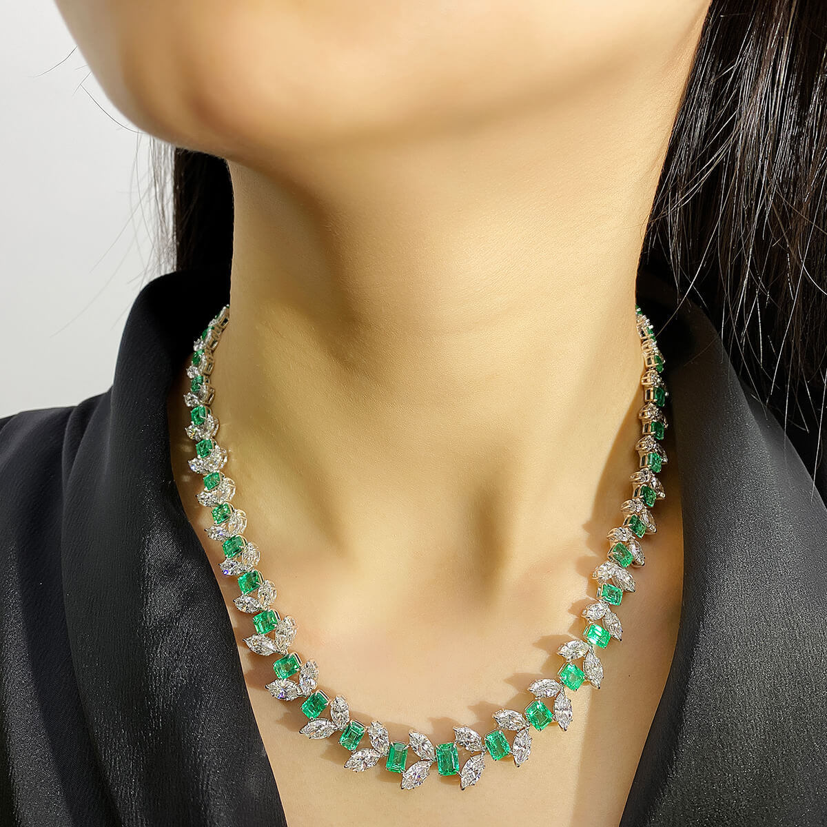 Natural Green Colombian Emerald Necklace, 18K White Gold, Octagonal Shape, 46.72 Ct. TW