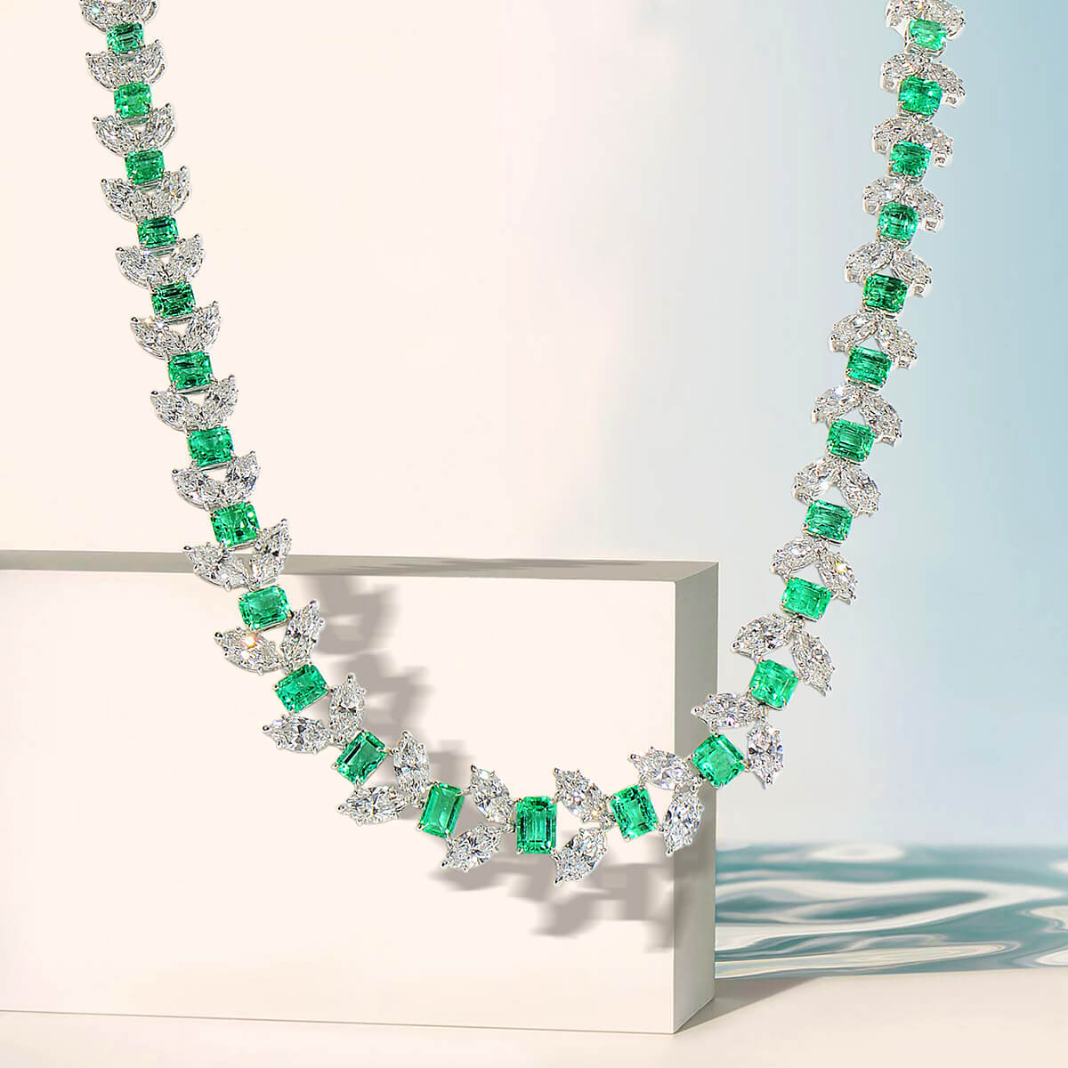 Natural Green Colombian Emerald Necklace, 18K White Gold, Octagonal Shape, 46.72 Ct. TW