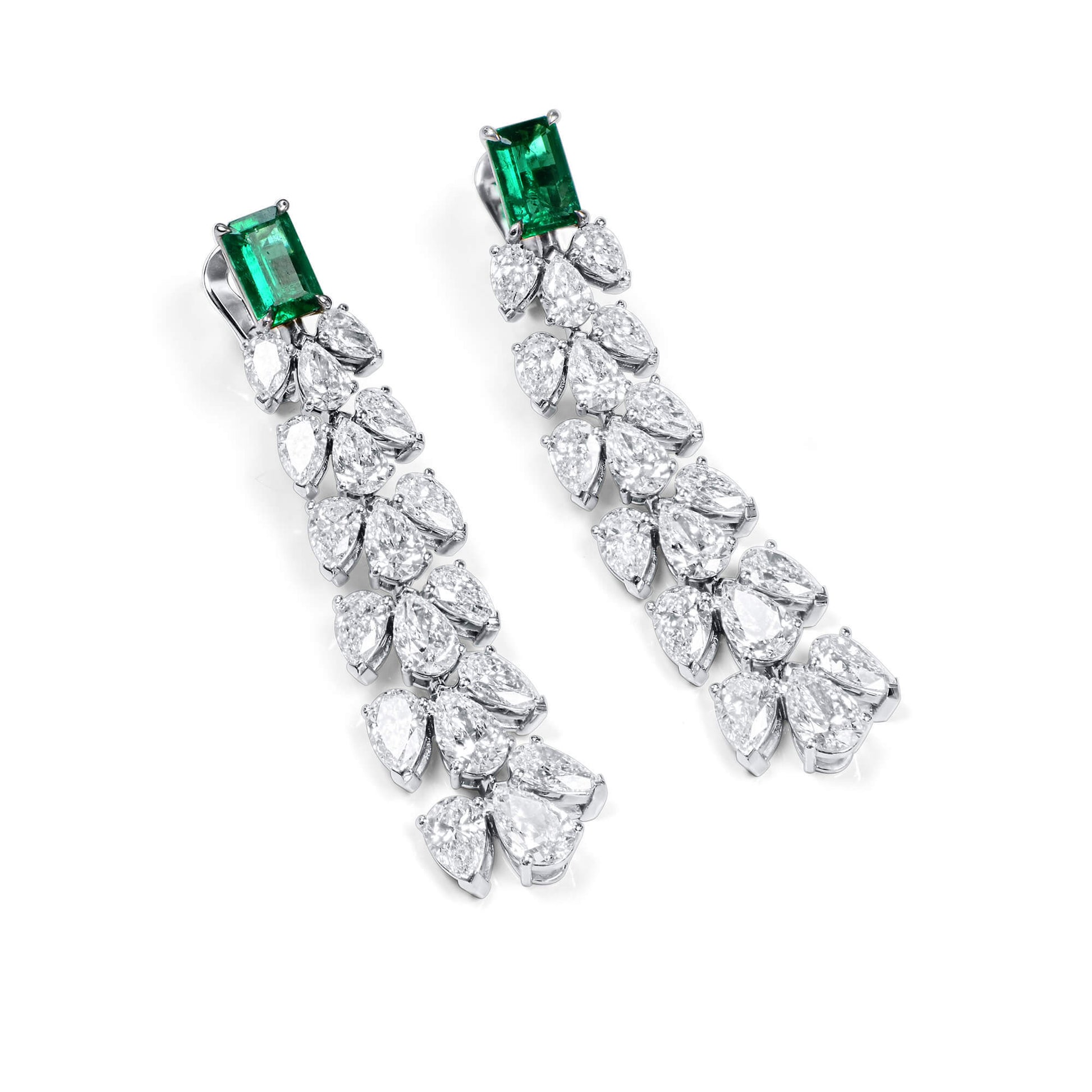 Natural Emerald And Diamond Earrings, 18K White Gold, 11.55 Ct. TW