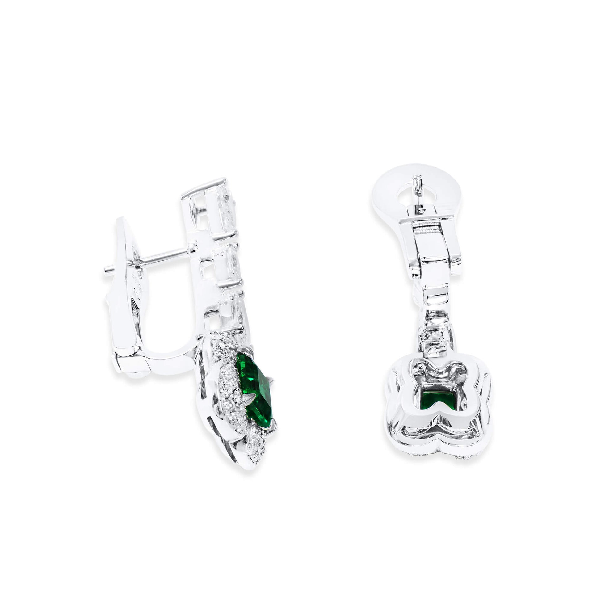 Natural Green Emerald Drop Earrings, 18K White Gold, Cushion Shape, 2.12 Ct. TW