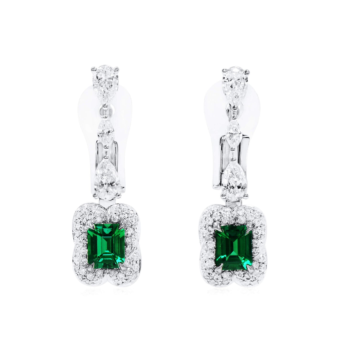Natural Green Emerald Drop Earrings, 18K White Gold, Cushion Shape, 2.12 Ct. TW