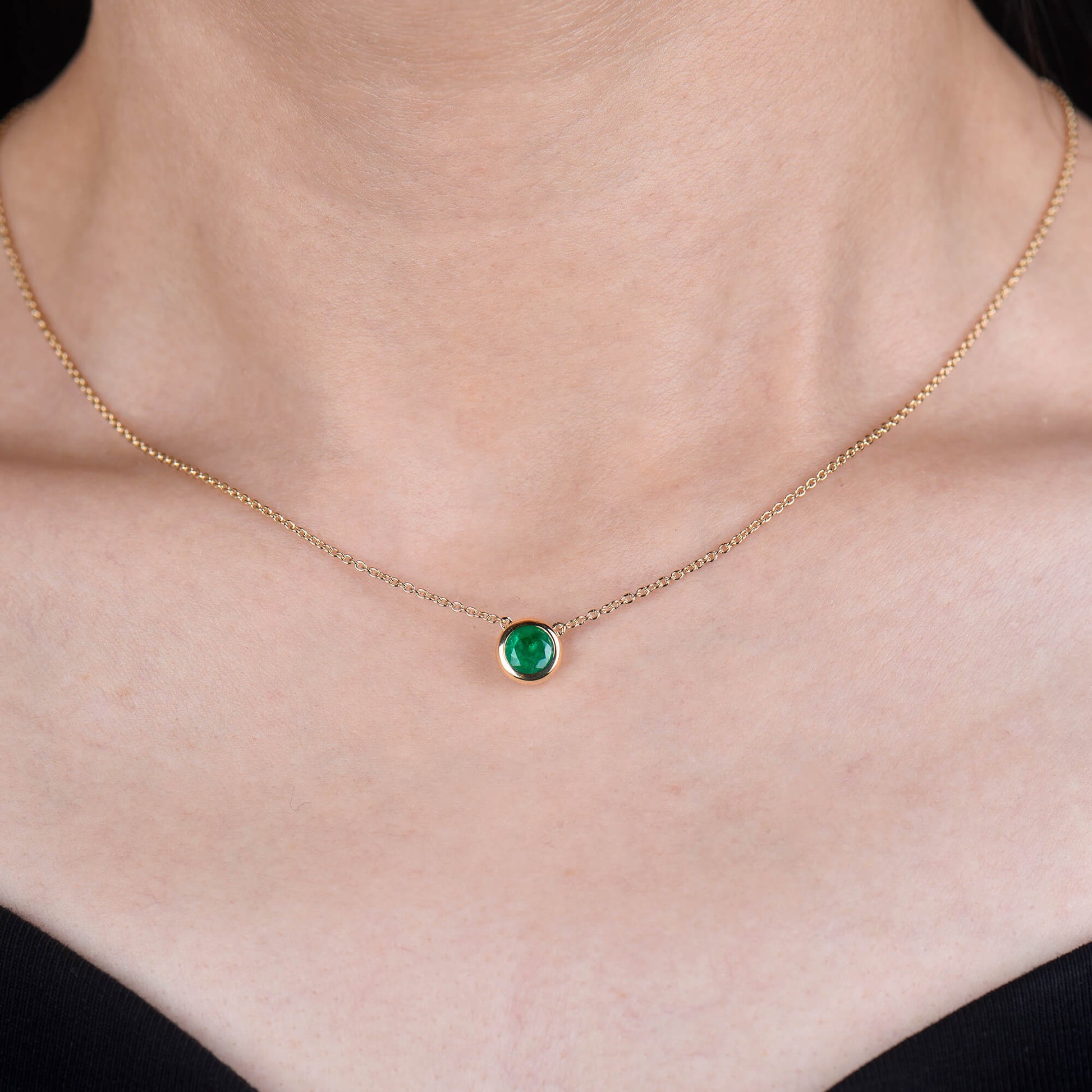 Natural Green Emerald Necklace, 18K Yellow Gold, Round Shape, 0.68 Ct. TW