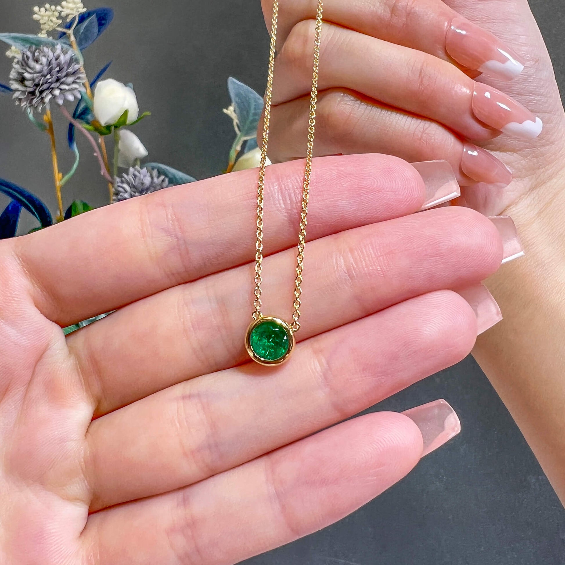 Natural Green Emerald Necklace, 18K Yellow Gold, Round Shape, 0.68 Ct. TW