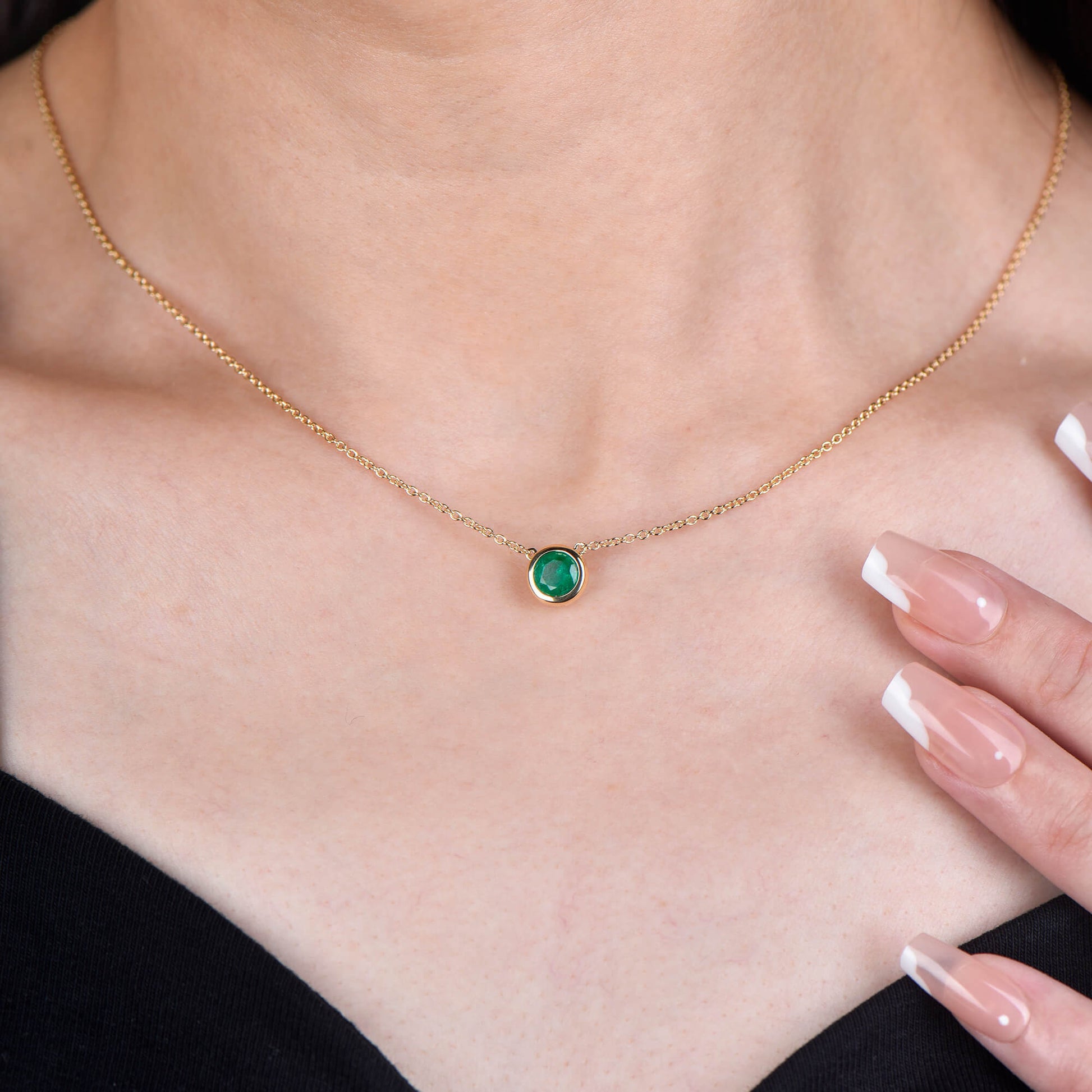 Natural Green Emerald Necklace, 18K Yellow Gold, Round Shape, 0.68 Ct. TW