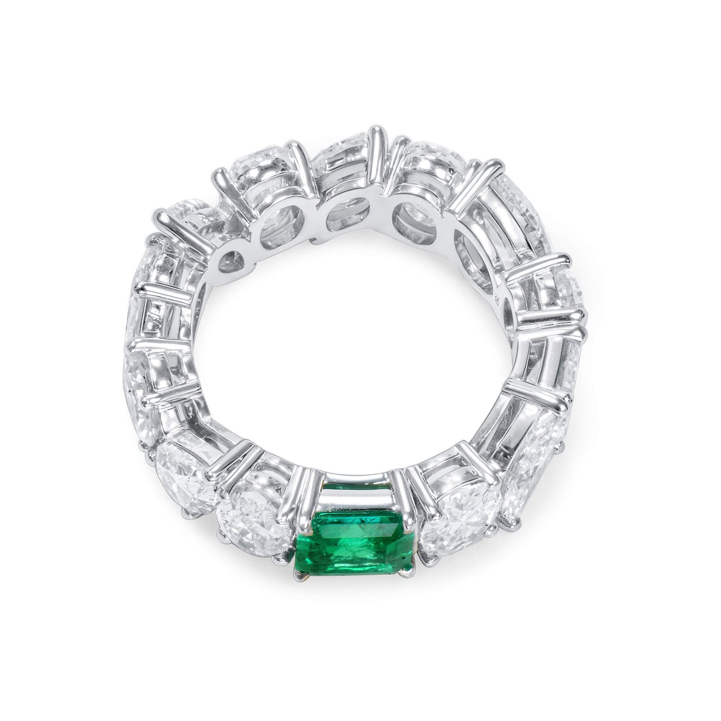 Natural Green Emerald & Diamond Eternity Ring, 18K White Gold, Radiant Shape, 8.66 Ct. TW