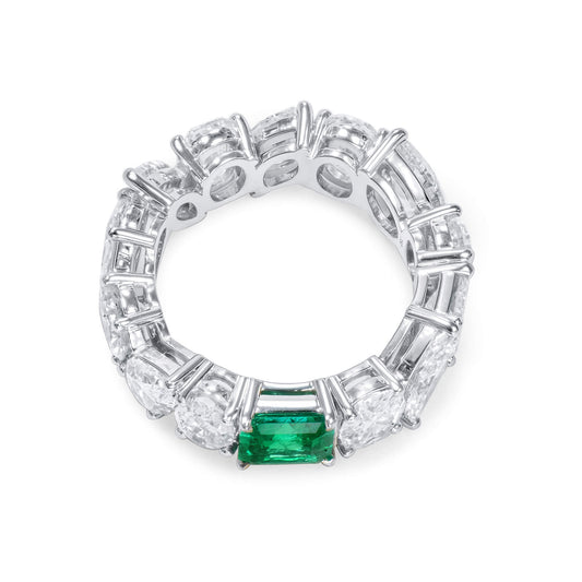 Natural Green Emerald & Diamond Eternity Ring, 18K White Gold, Radiant Shape, 8.66 Ct. TW