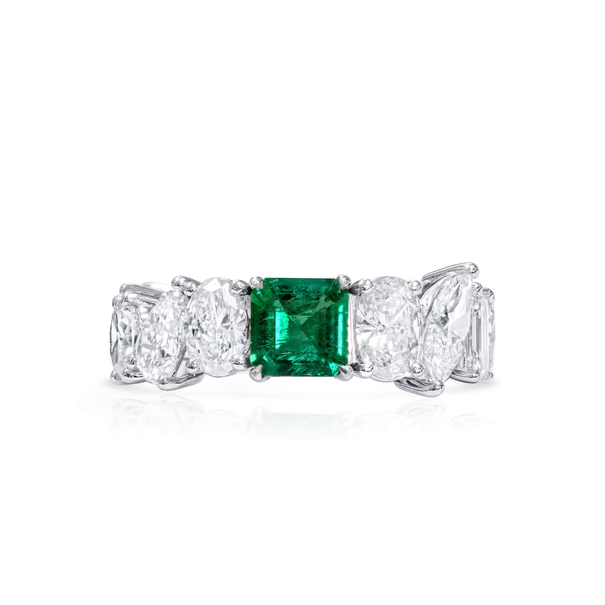 Natural Green Emerald & Diamond Eternity Ring, 18K White Gold, Radiant Shape, 8.66 Ct. TW