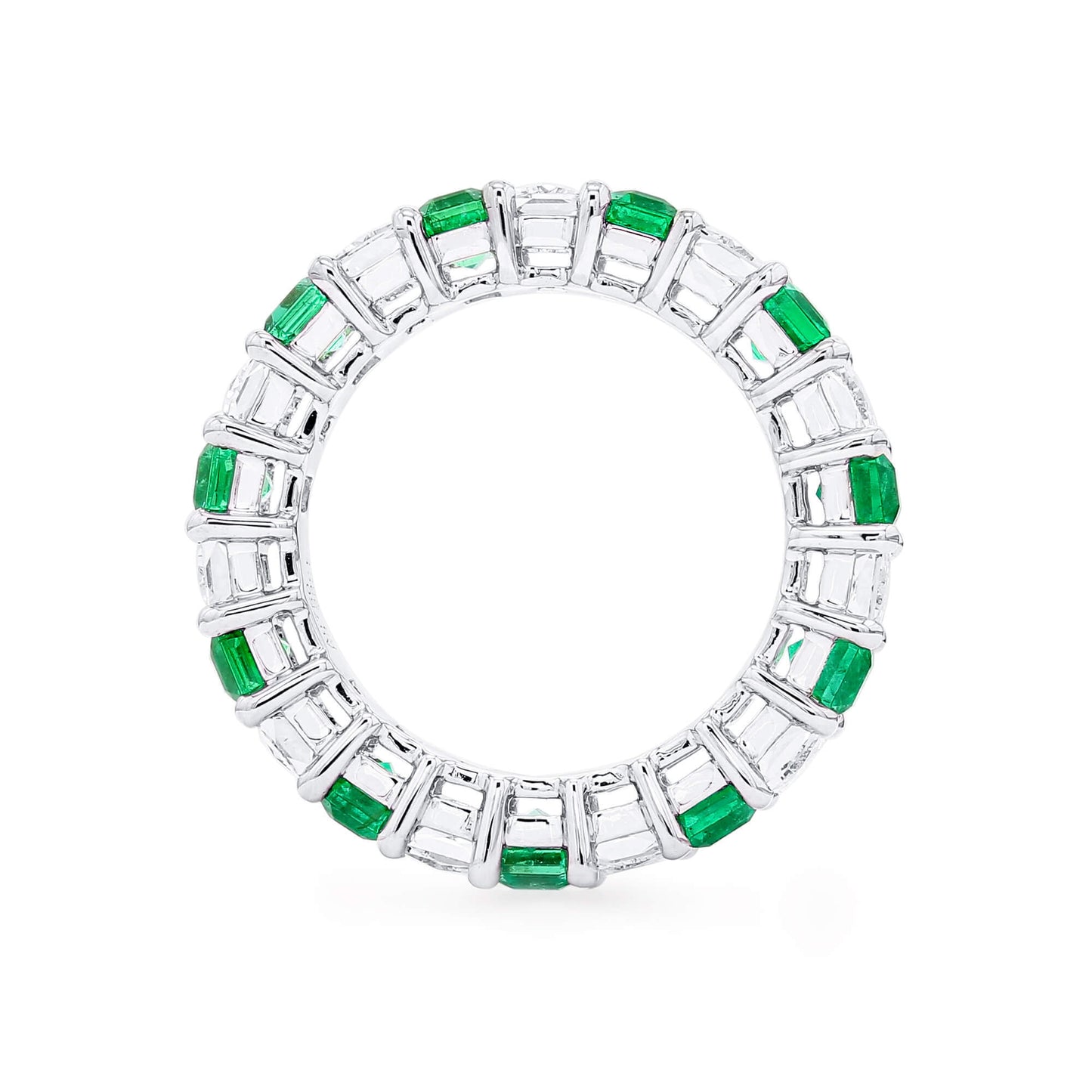 Natural Diamond and Green Colombian Emerald Eternity Ring, 18K White Gold, Emerald Shape, 5.98 Ct. TW