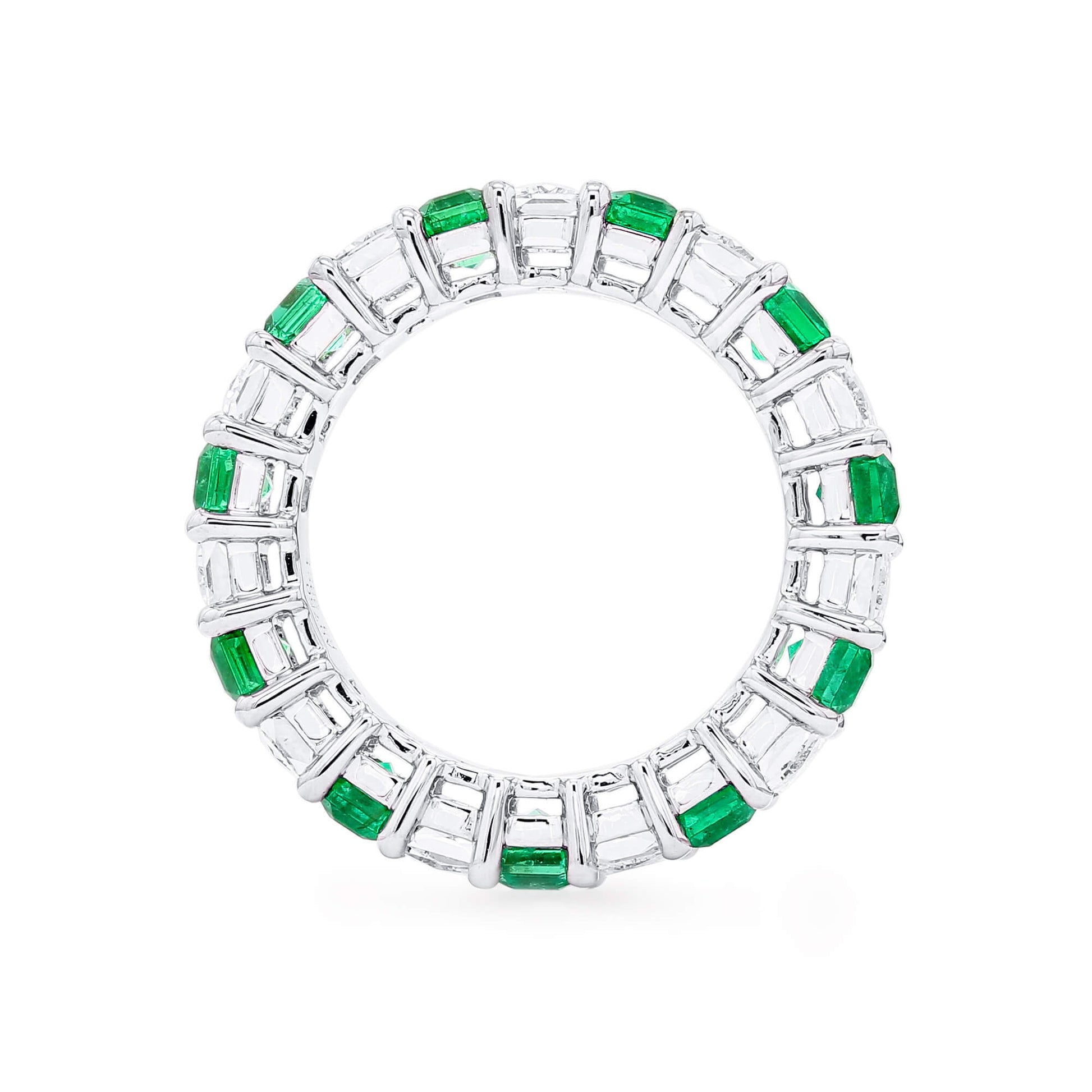Natural Diamond and Green Colombian Emerald Eternity Ring, 18K White Gold, Emerald Shape, 5.98 Ct. TW