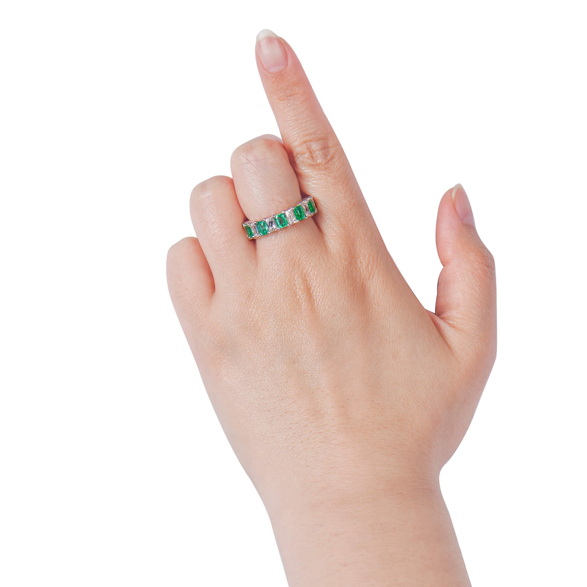 Natural Diamond and Green Colombian Emerald Eternity Ring, 18K White Gold, Emerald Shape, 5.98 Ct. TW
