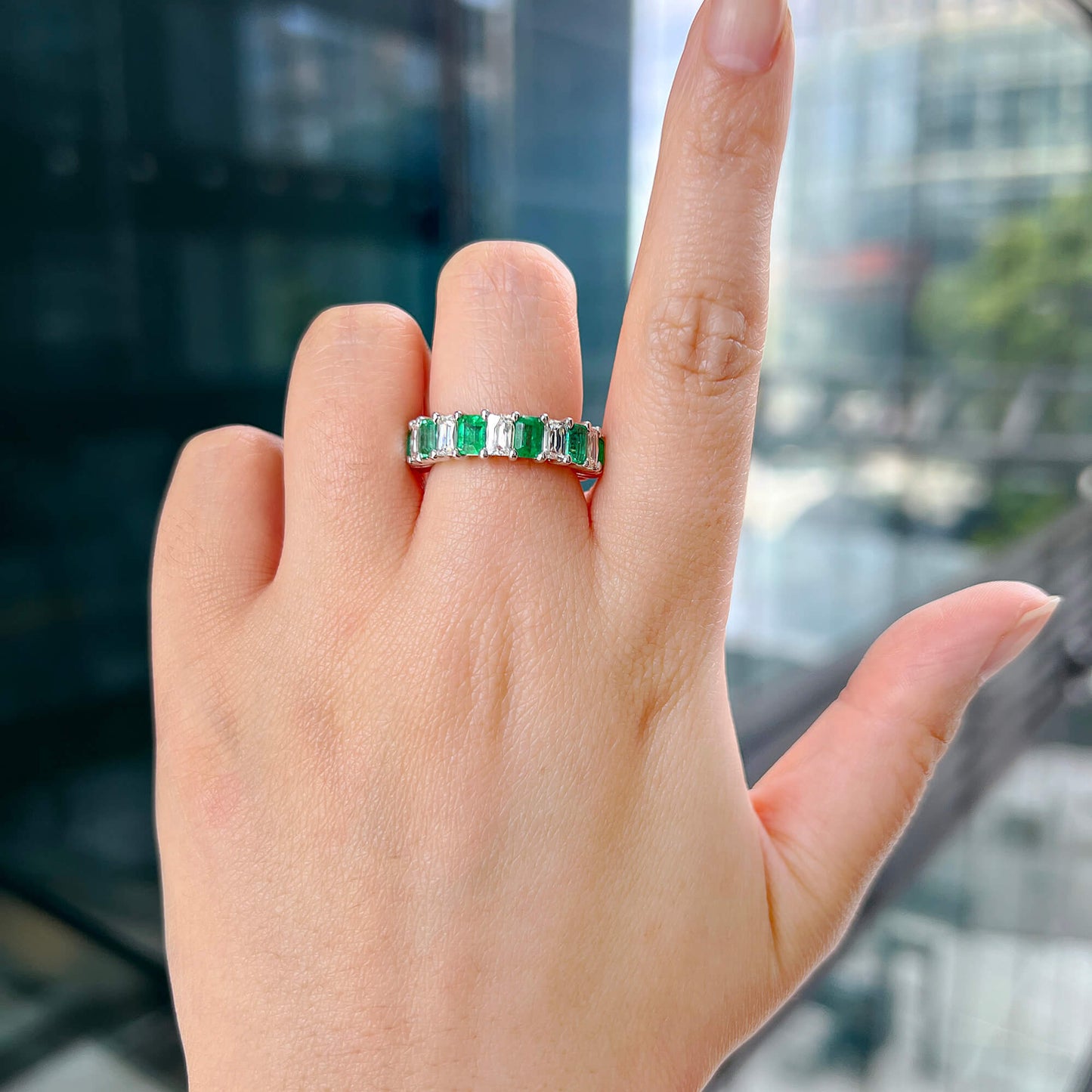 Natural Diamond and Green Colombian Emerald Eternity Ring, 18K White Gold, Emerald Shape, 5.98 Ct. TW