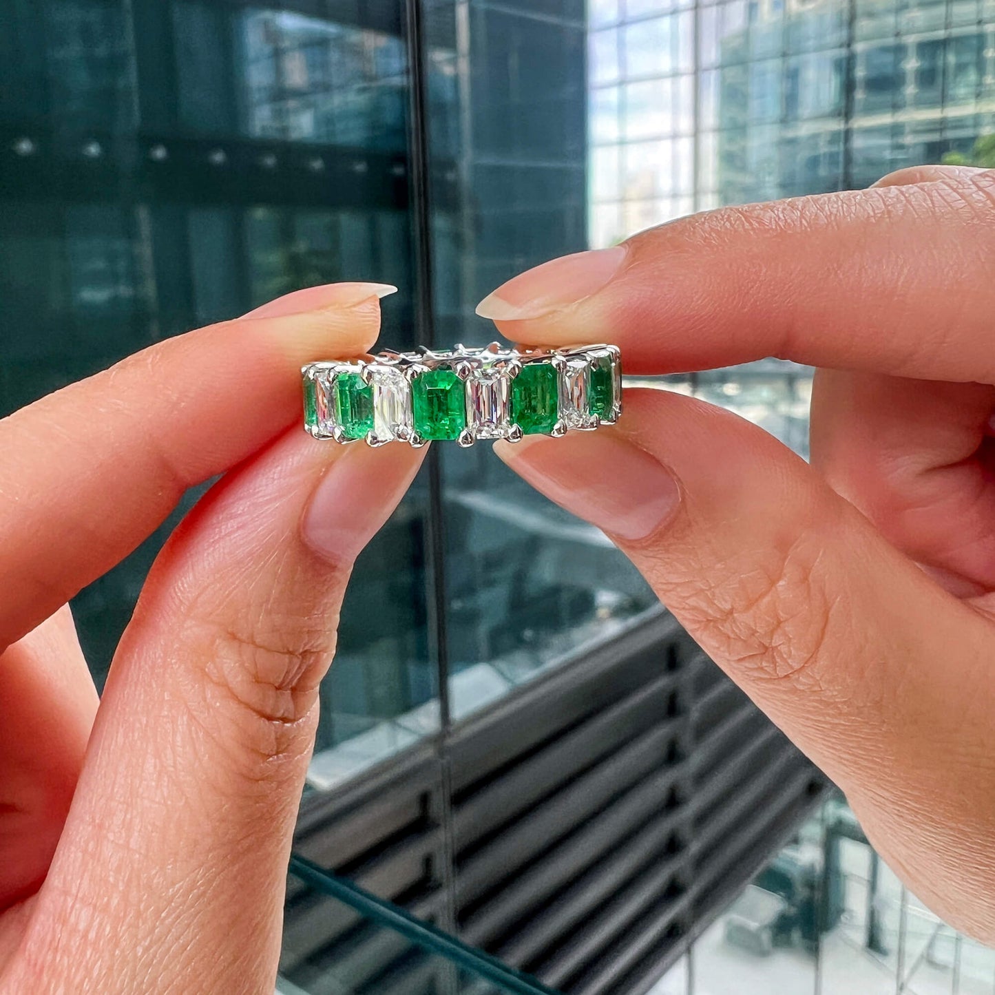 Natural Diamond and Green Colombian Emerald Eternity Ring, 18K White Gold, Emerald Shape, 5.98 Ct. TW