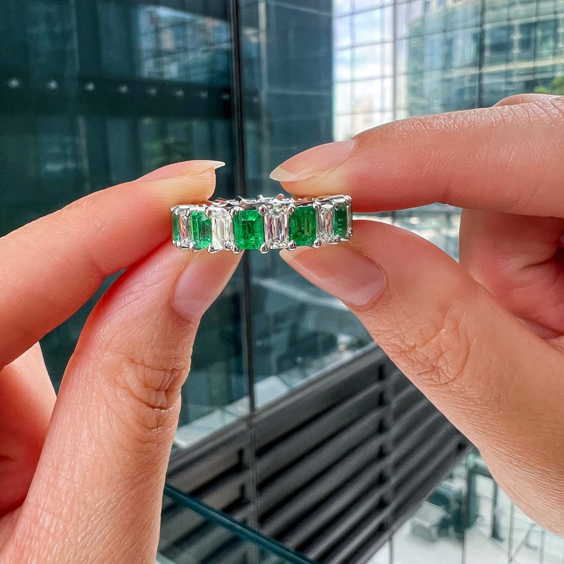 Natural Diamond and Green Colombian Emerald Eternity Ring, 18K White Gold, Emerald Shape, 5.98 Ct. TW