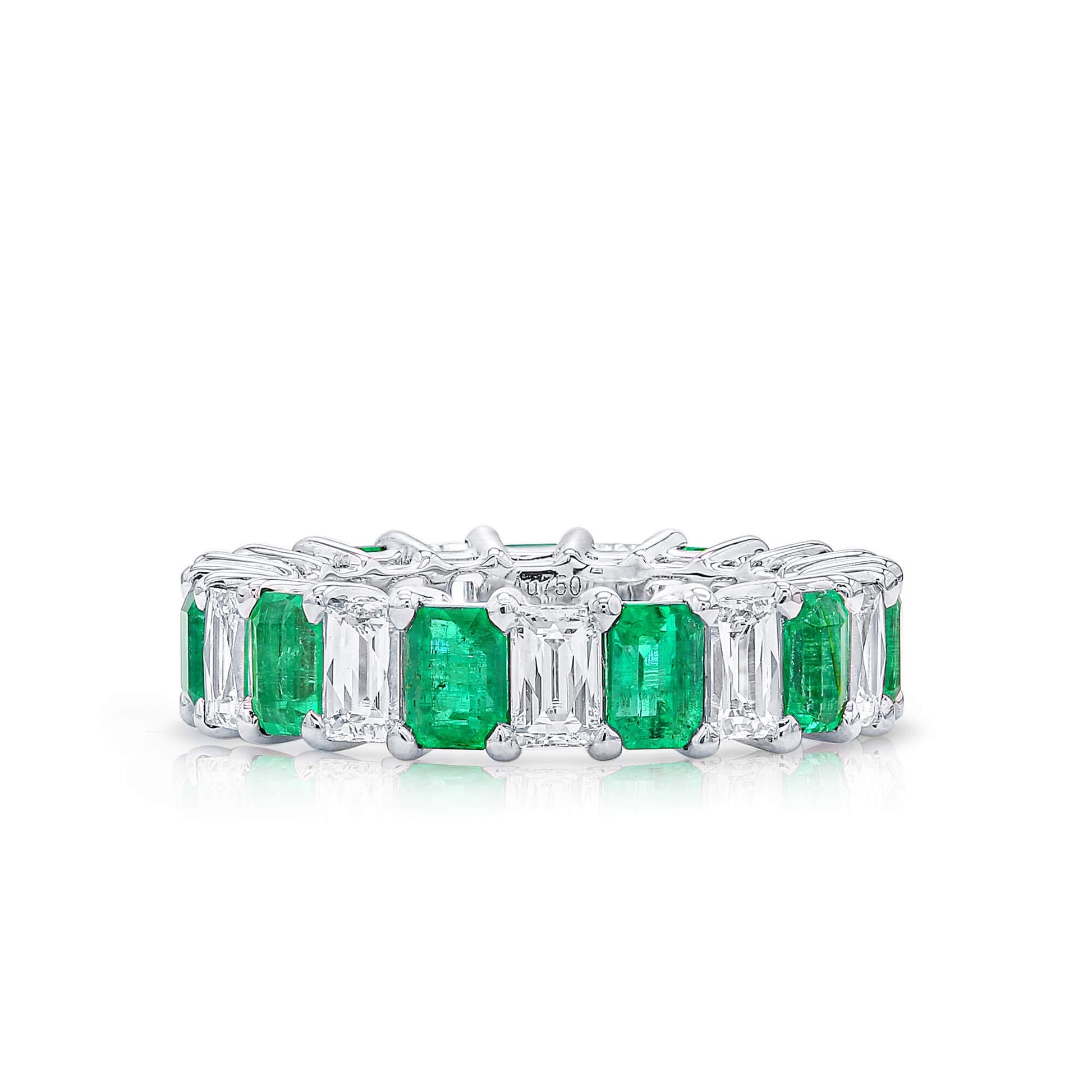 Natural Diamond and Green Colombian Emerald Eternity Ring, 18K White Gold, Emerald Shape, 5.98 Ct. TW