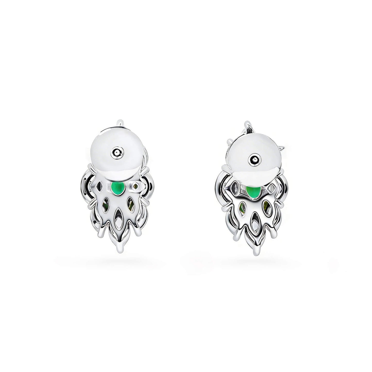Natural Green Emerald & Diamond Cluster Earrings, 18K White Gold, Oval Shape, 3.09 Ct. TW
