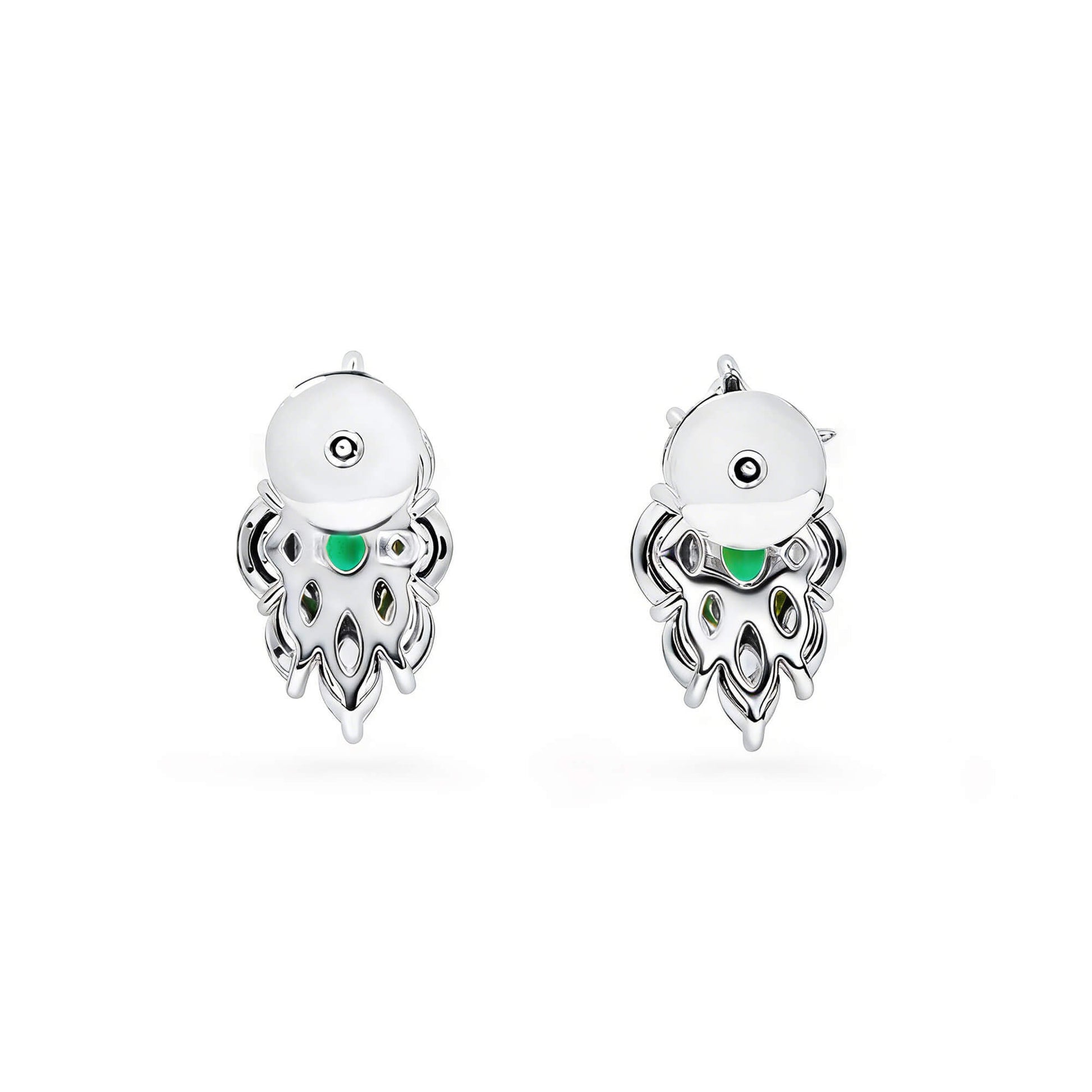 Natural Green Emerald & Diamond Cluster Earrings, 18K White Gold, Oval Shape, 3.09 Ct. TW