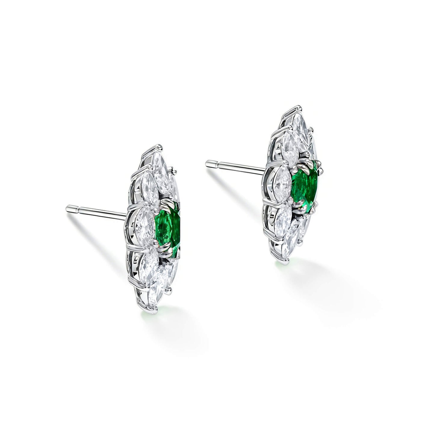 Natural Green Emerald & Diamond Cluster Earrings, 18K White Gold, Oval Shape, 3.09 Ct. TW