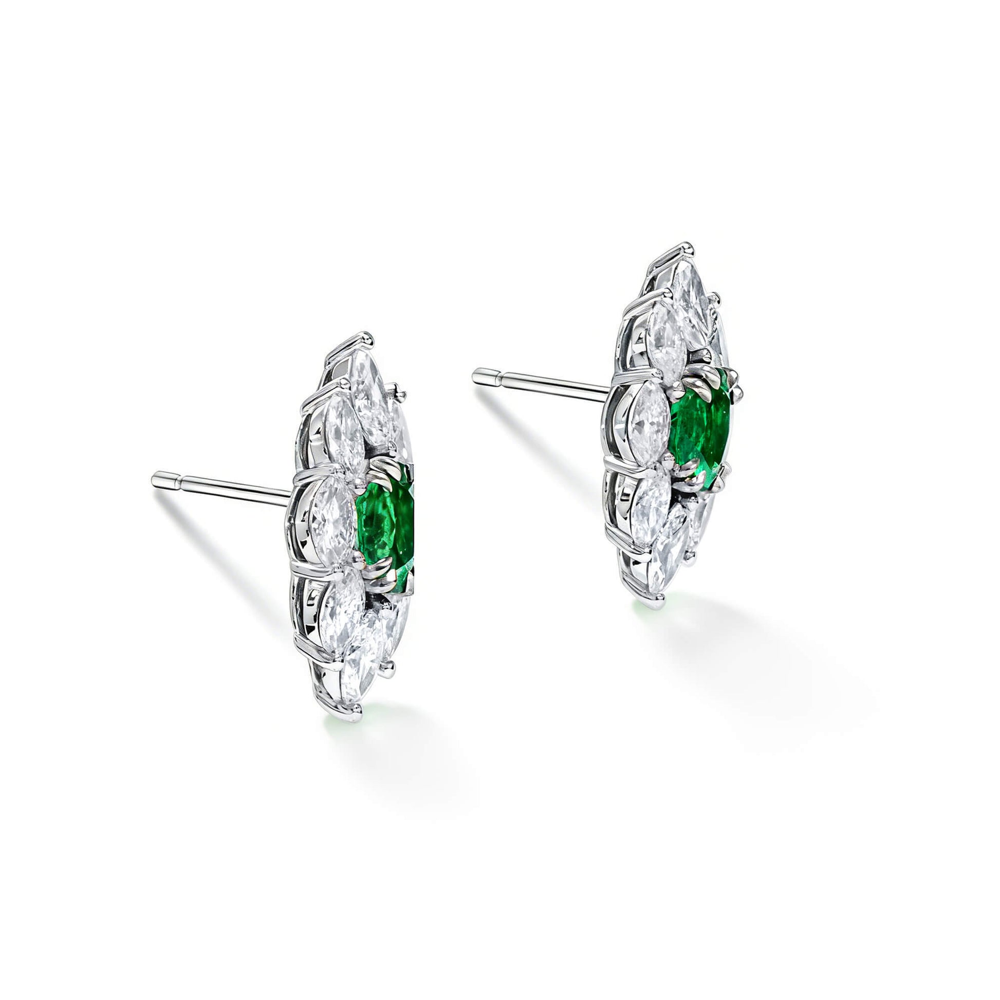 Natural Green Emerald & Diamond Cluster Earrings, 18K White Gold, Oval Shape, 3.09 Ct. TW