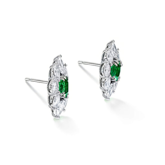 Natural Green Emerald & Diamond Cluster Earrings, 18K White Gold, Oval Shape, 3.09 Ct. TW