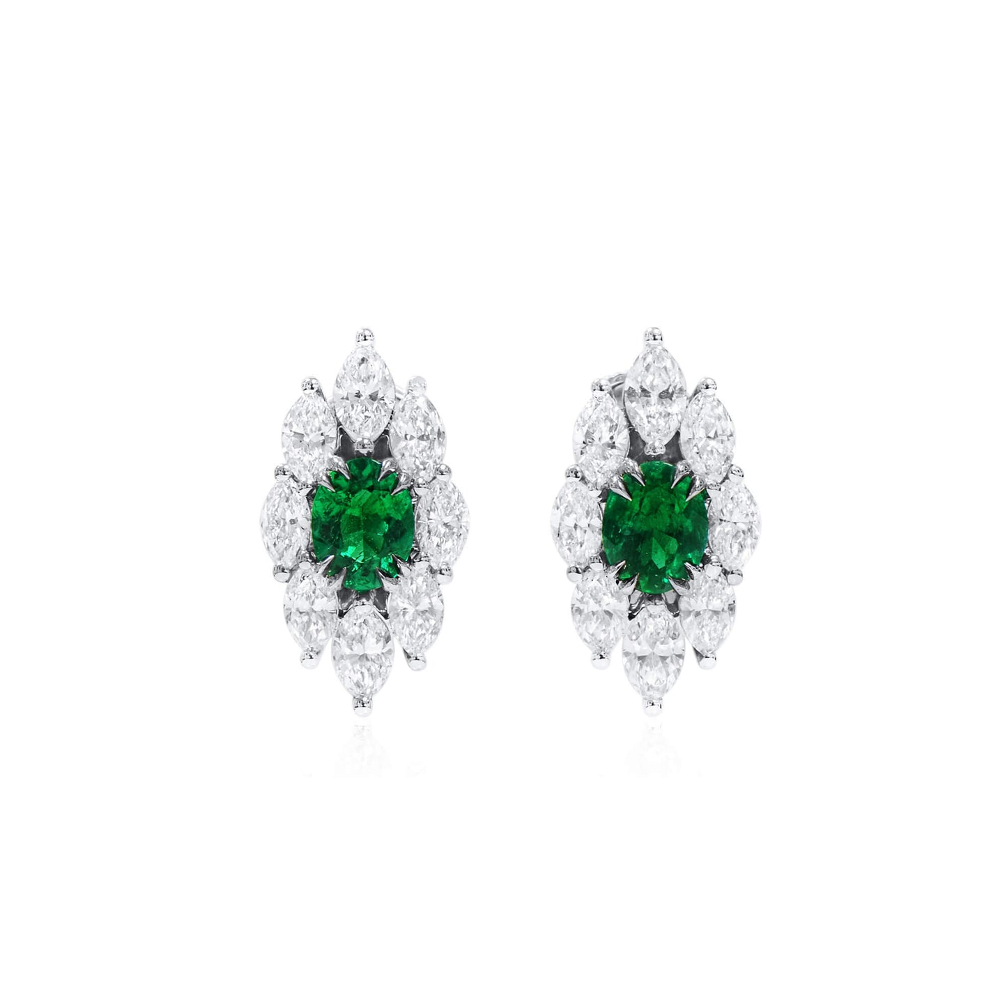 Natural Green Emerald & Diamond Cluster Earrings, 18K White Gold, Oval Shape, 3.09 Ct. TW