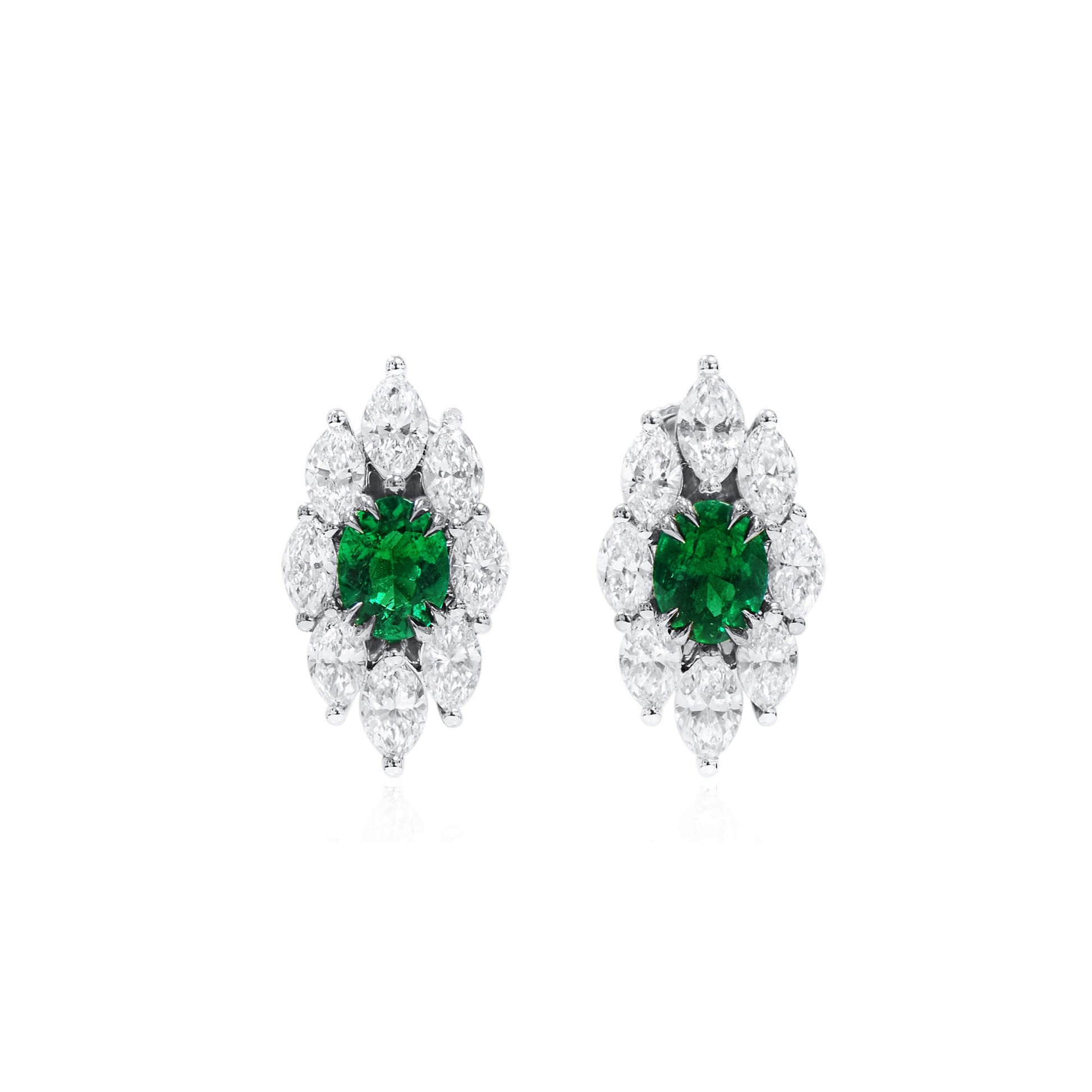 Natural Green Emerald & Diamond Cluster Earrings, 18K White Gold, Oval Shape, 3.09 Ct. TW