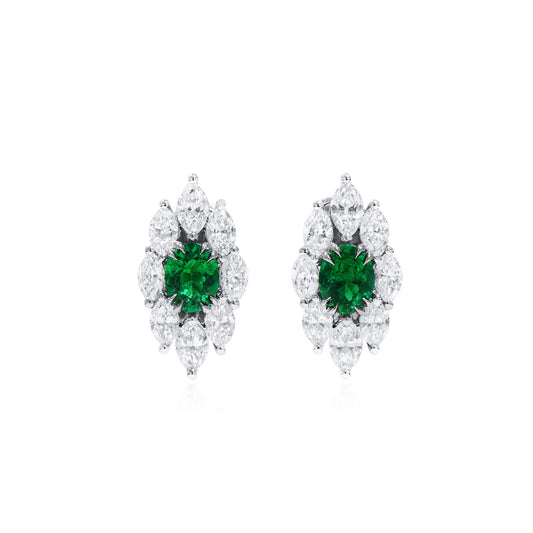Natural Green Emerald & Diamond Cluster Earrings, 18K White Gold, Oval Shape, 3.09 Ct. TW