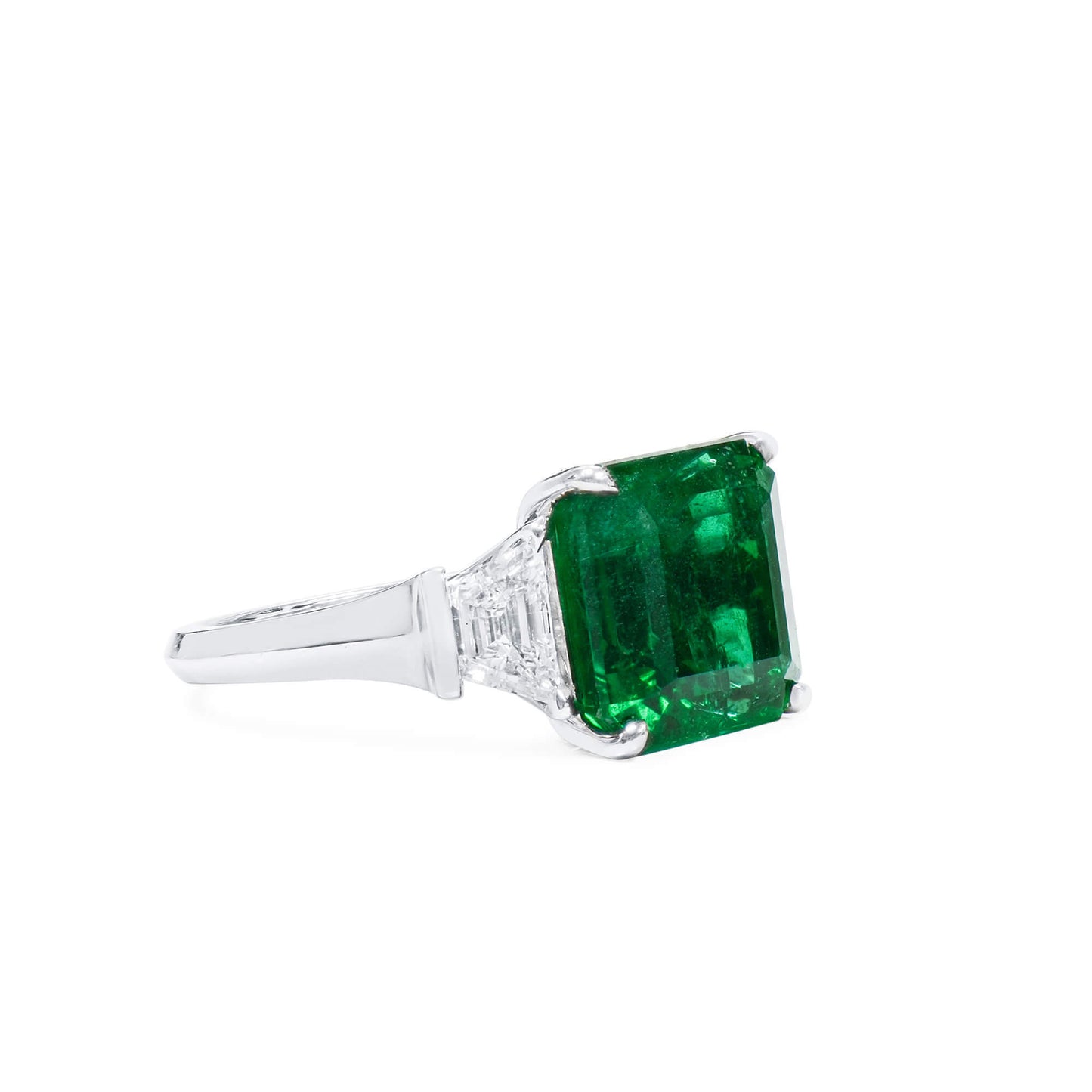 Natural Green Emerald Three Stone Ring, 18K White Gold, Radiant Shape, 8.56 Ct. TW