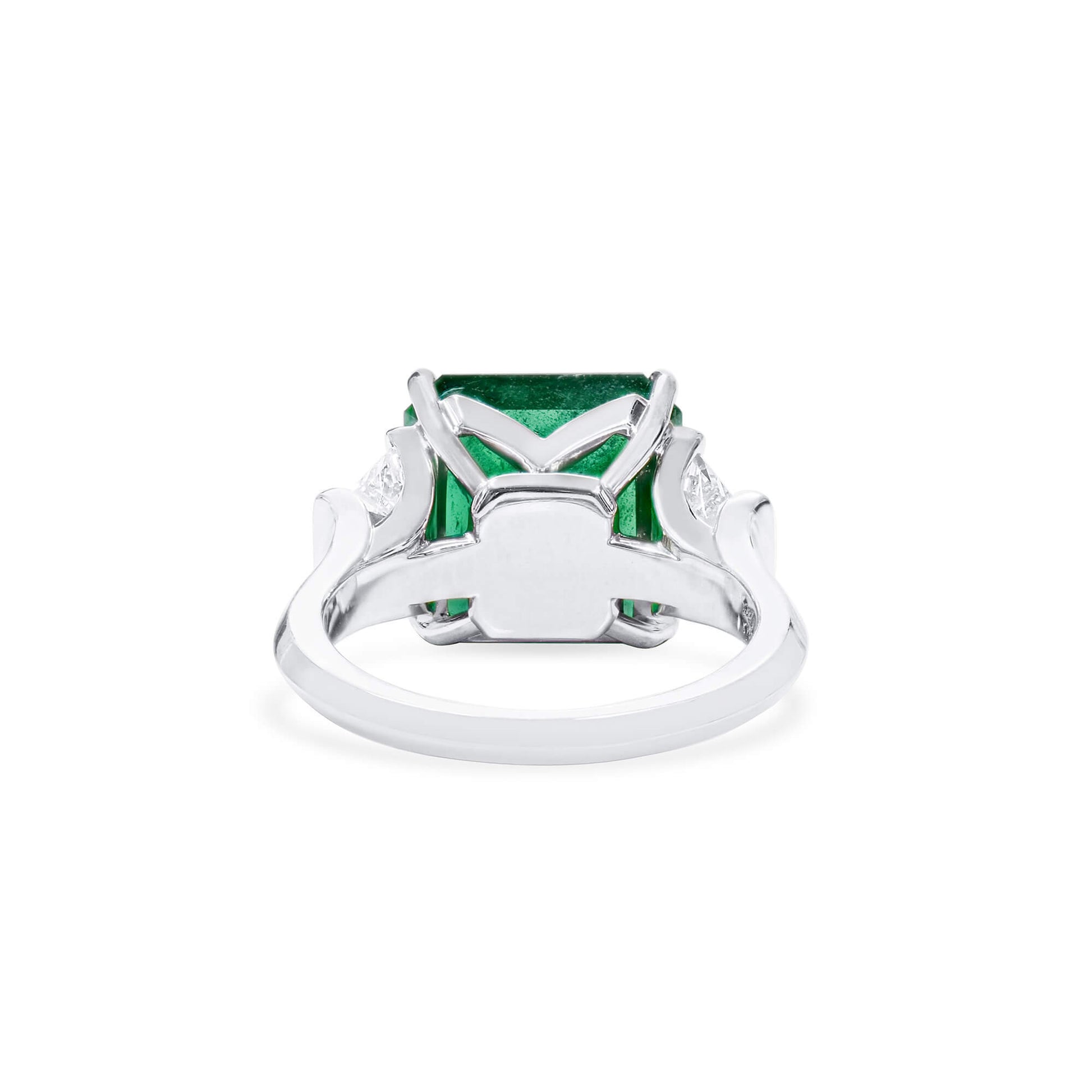 Natural Green Emerald Three Stone Ring, 18K White Gold, Radiant Shape, 8.56 Ct. TW