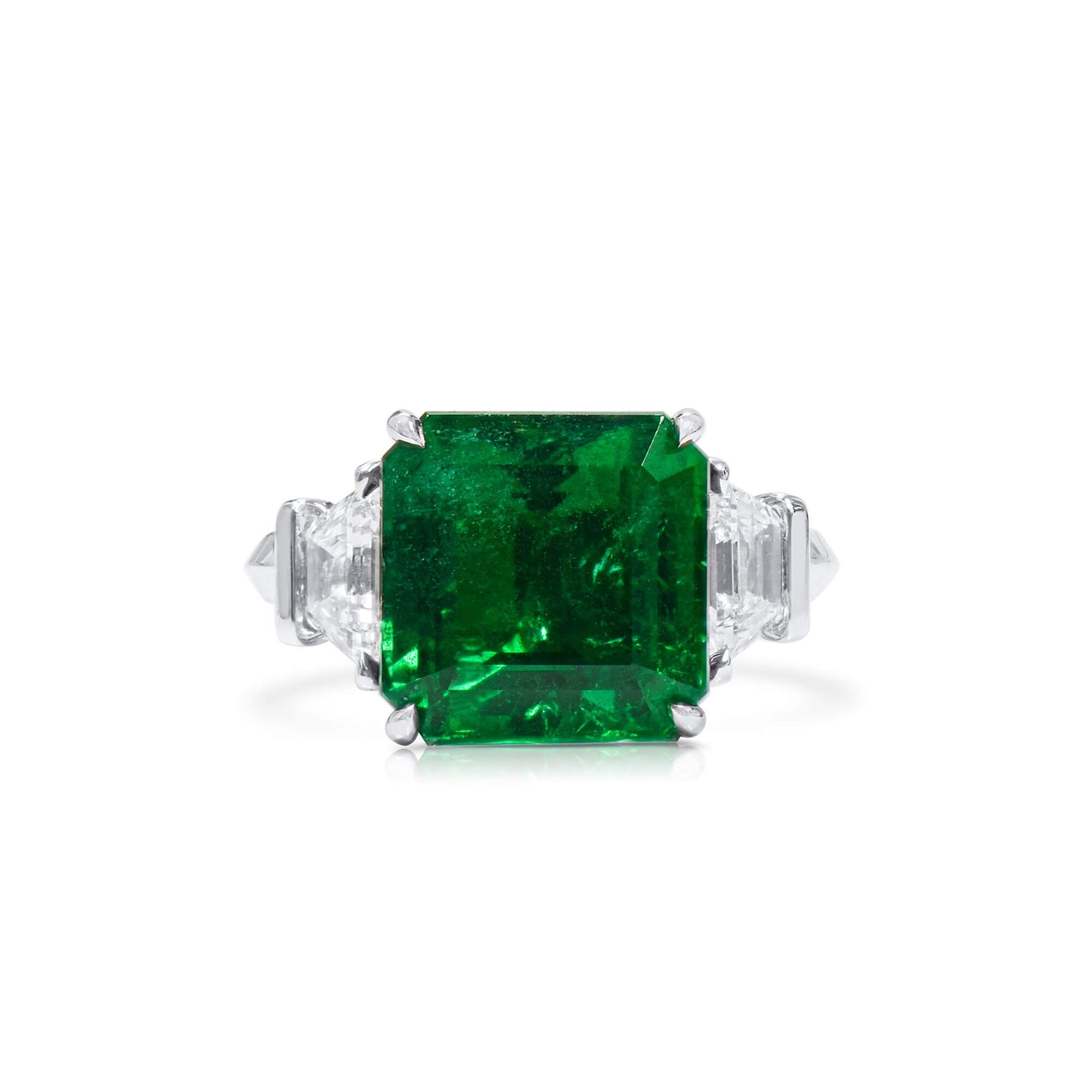 Natural Green Emerald Three Stone Ring, 18K White Gold, Radiant Shape, 8.56 Ct. TW
