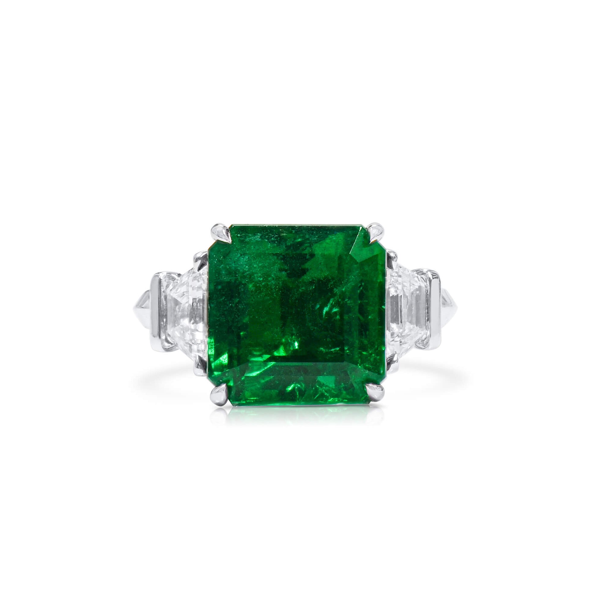 Natural Green Emerald Three Stone Ring, 18K White Gold, Radiant Shape, 8.56 Ct. TW