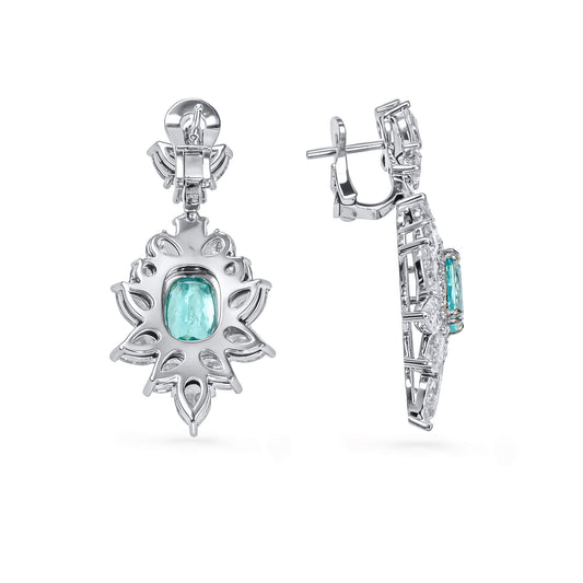 Natural Greenish-blue Mozambique Tourmaline Earrings, 10.61 Ct. TW, Cushion shape, GRS Certified