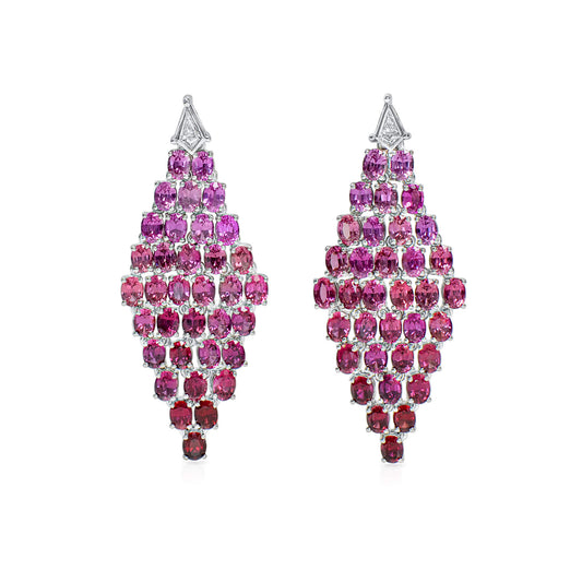 天然 粉紫色 红宝石耳环，总重14.44克拉，椭圆形，IGI认证